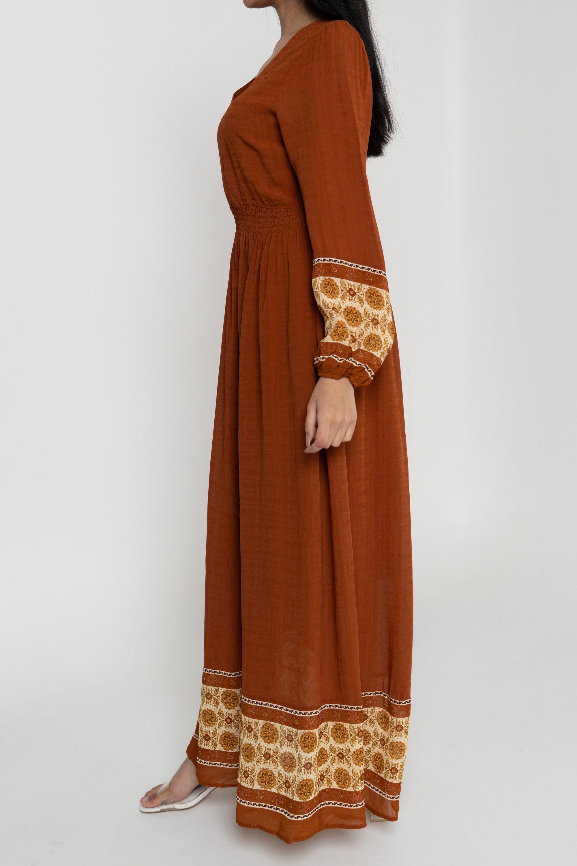 داليدرس فستان طويل كم طويل منقوش بف نسائي متعدد الألوان