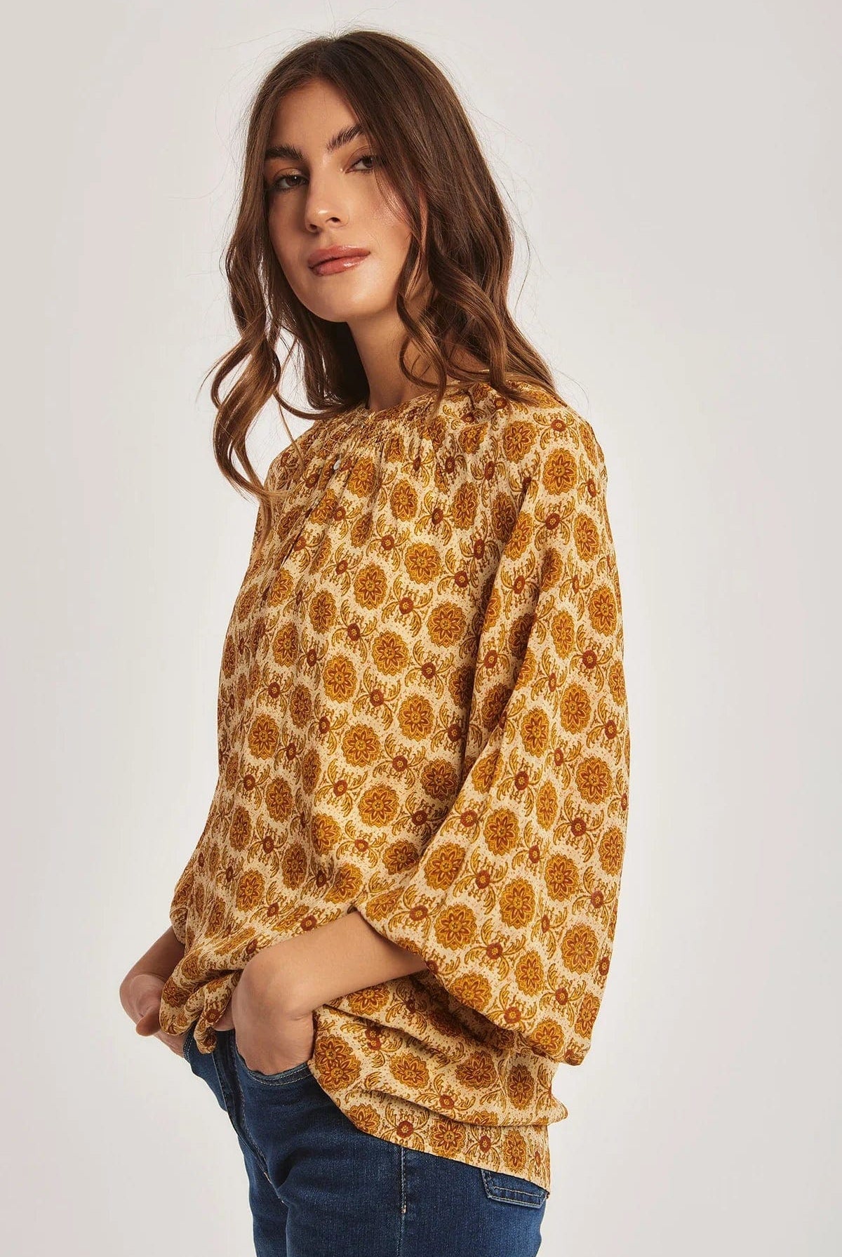 داليدرس بلوزة منقوشة طويلة كم طويل متعدد الألوان