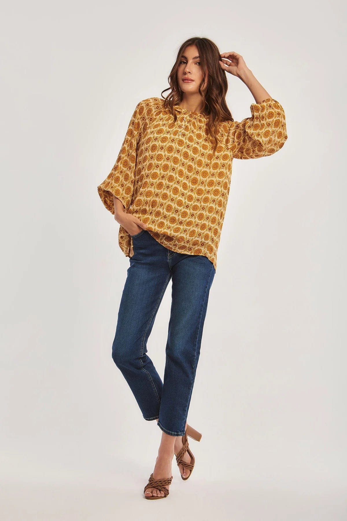 داليدرس بلوزة منقوشة طويلة كم طويل متعدد الألوان