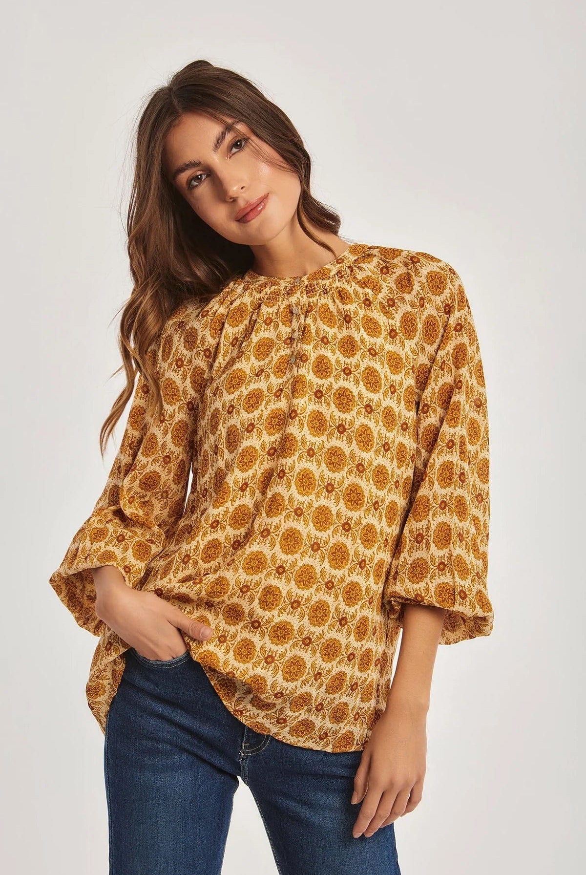 داليدرس بلوزة منقوشة طويلة كم طويل متعدد الألوان