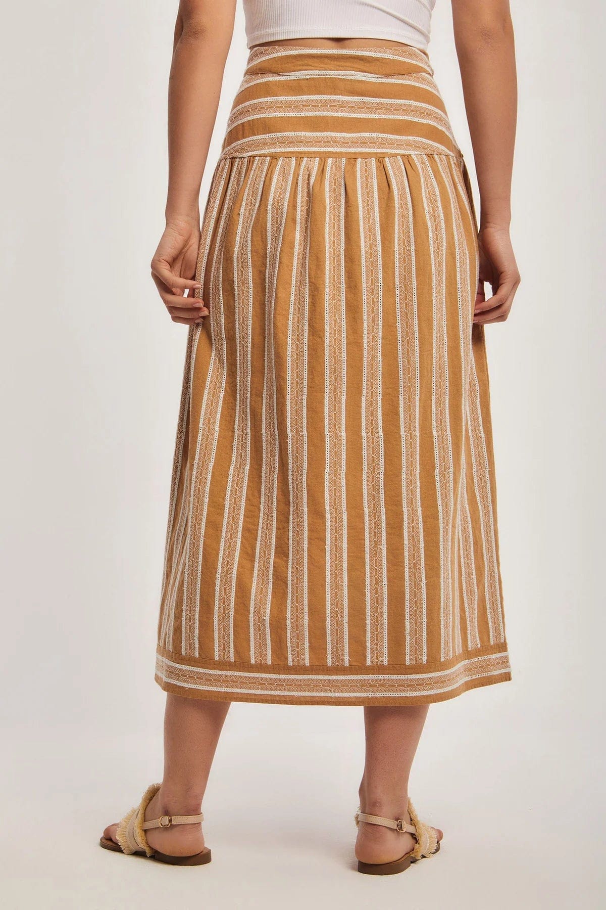 داليدرس تنورة نسائية مخططة ميدي أصفر بني