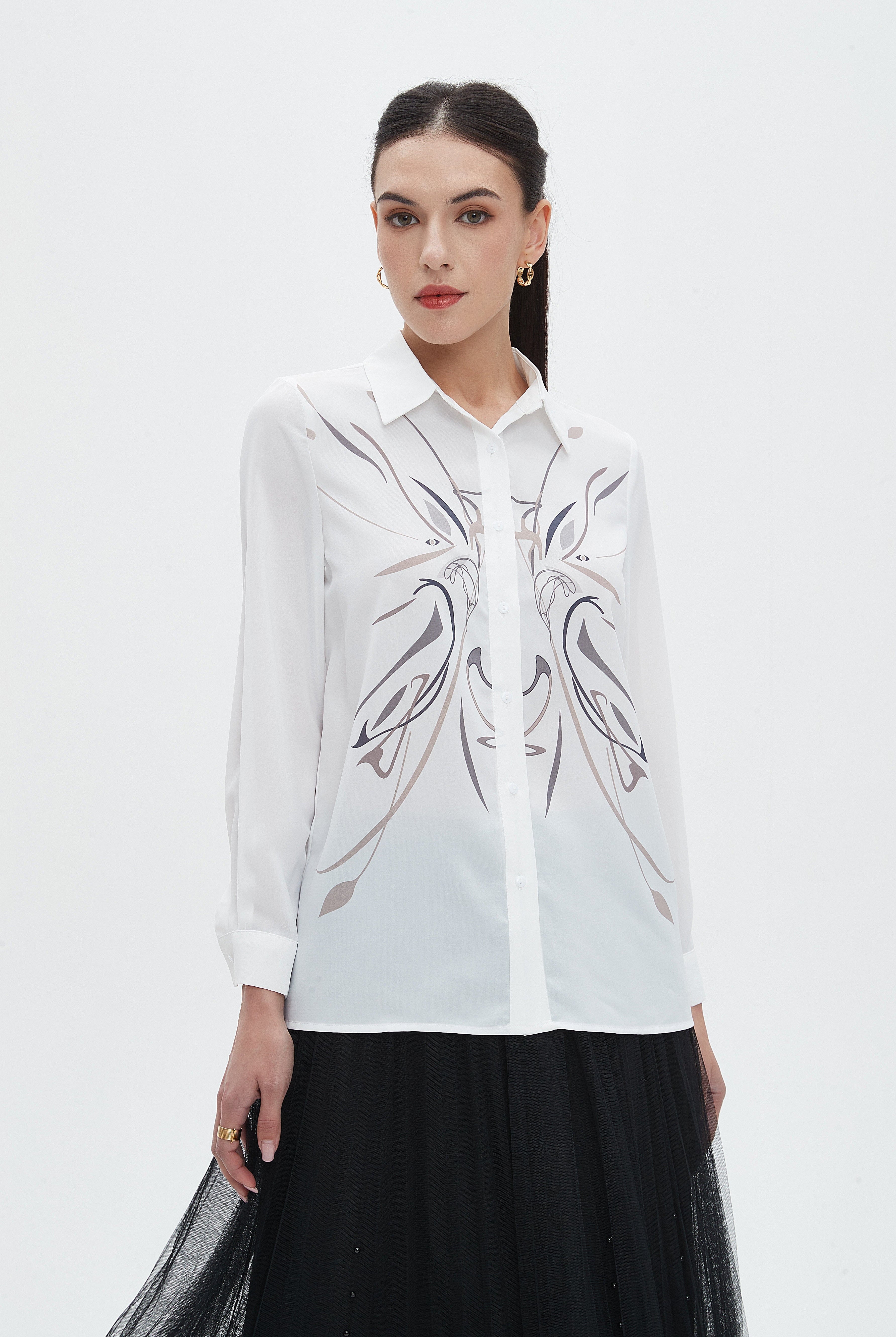 نتشي بلوزة نسائية مطبوعة الوان بكم طويل ووياقة قميص