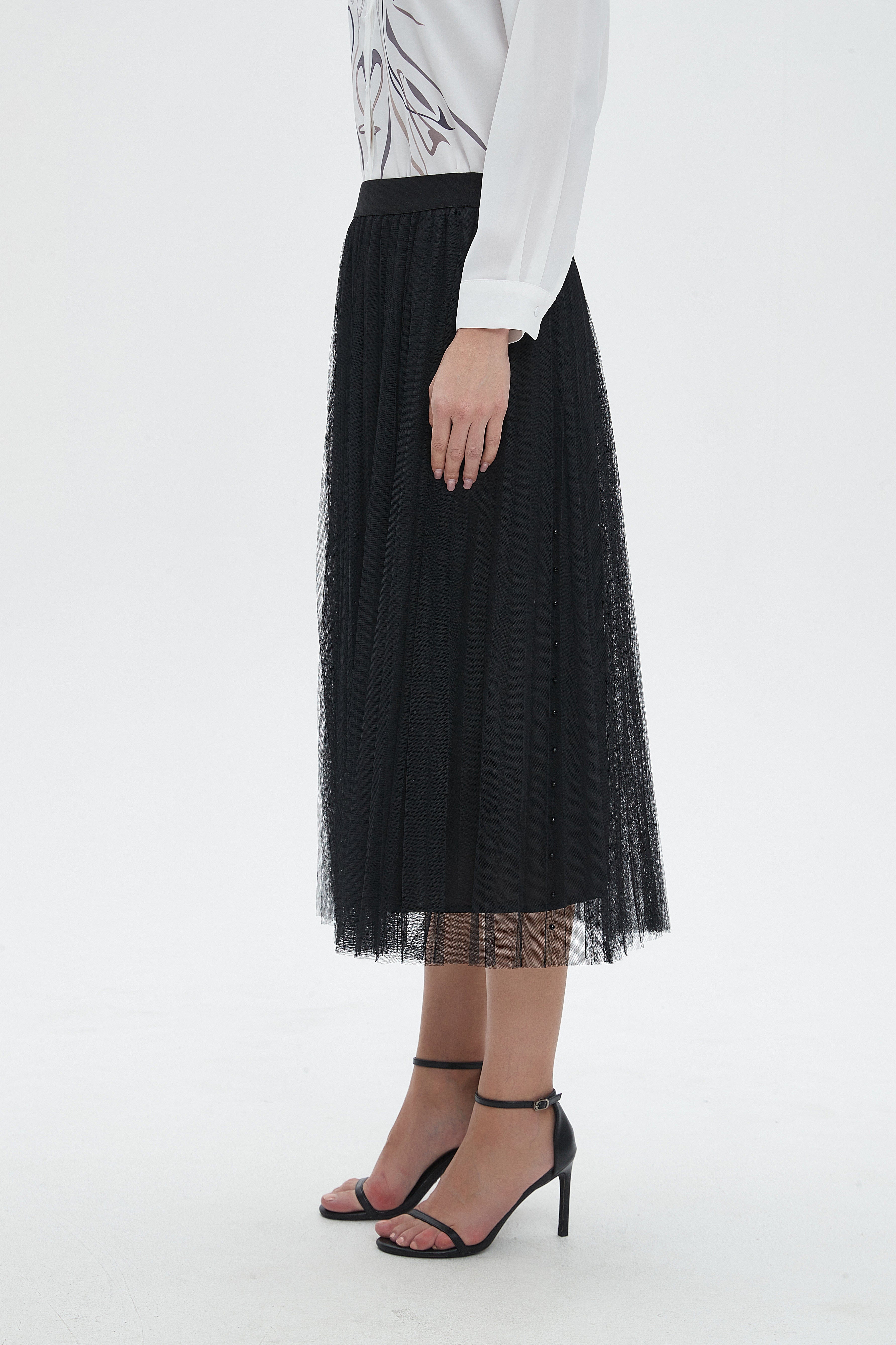 نتشي تنورة نسائية ميدي تل بقصة كشكش مع تطريز خرز من الأمام