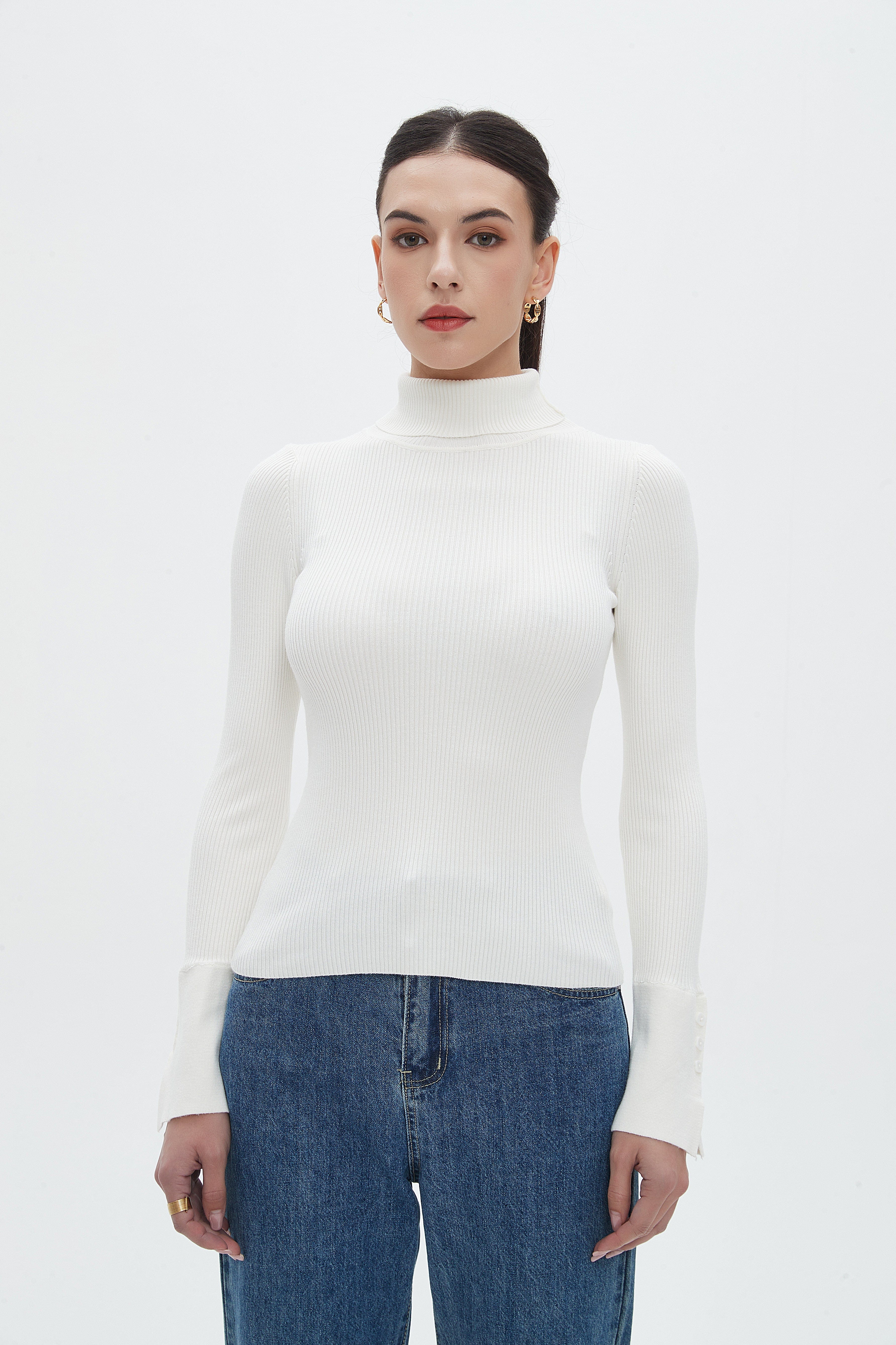 نتشي بلوزة نسائية بطول الخصر سادة مضلعة برقبة مرتفعة وكم طويل