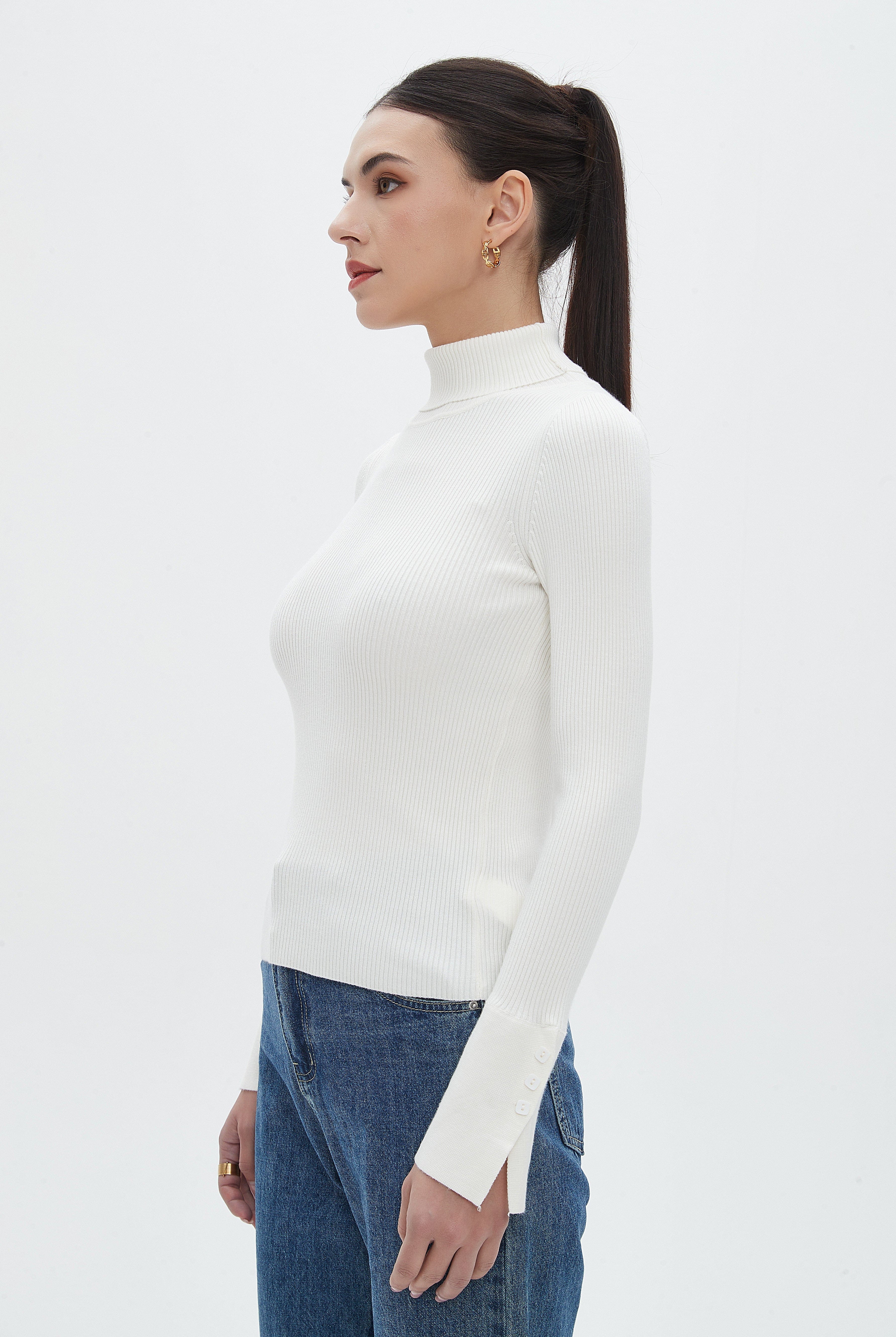 نتشي بلوزة نسائية بطول الخصر سادة مضلعة برقبة مرتفعة وكم طويل