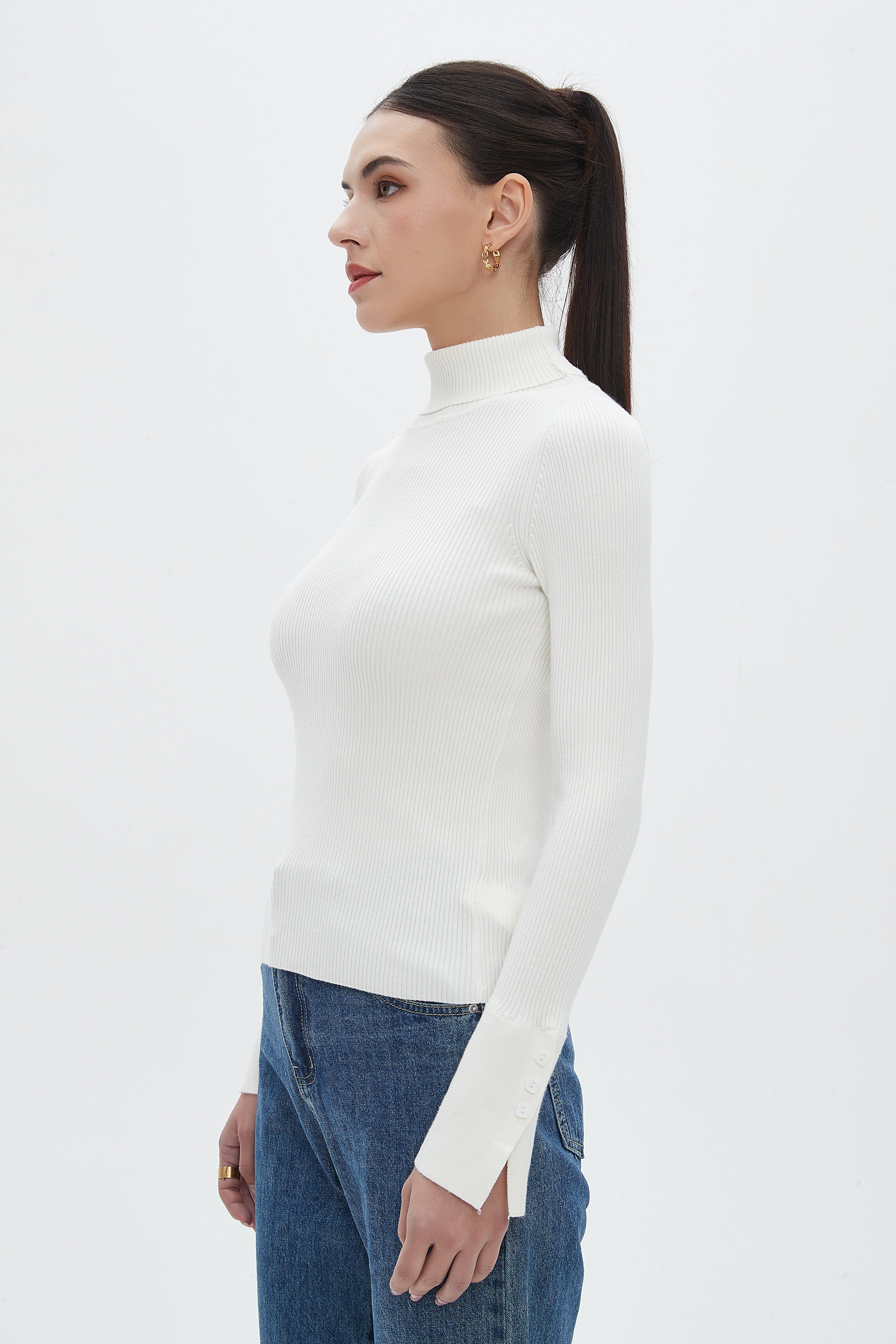 نتشي بلوزة نسائية بطول الخصر سادة مضلعة برقبة مرتفعة وكم طويل