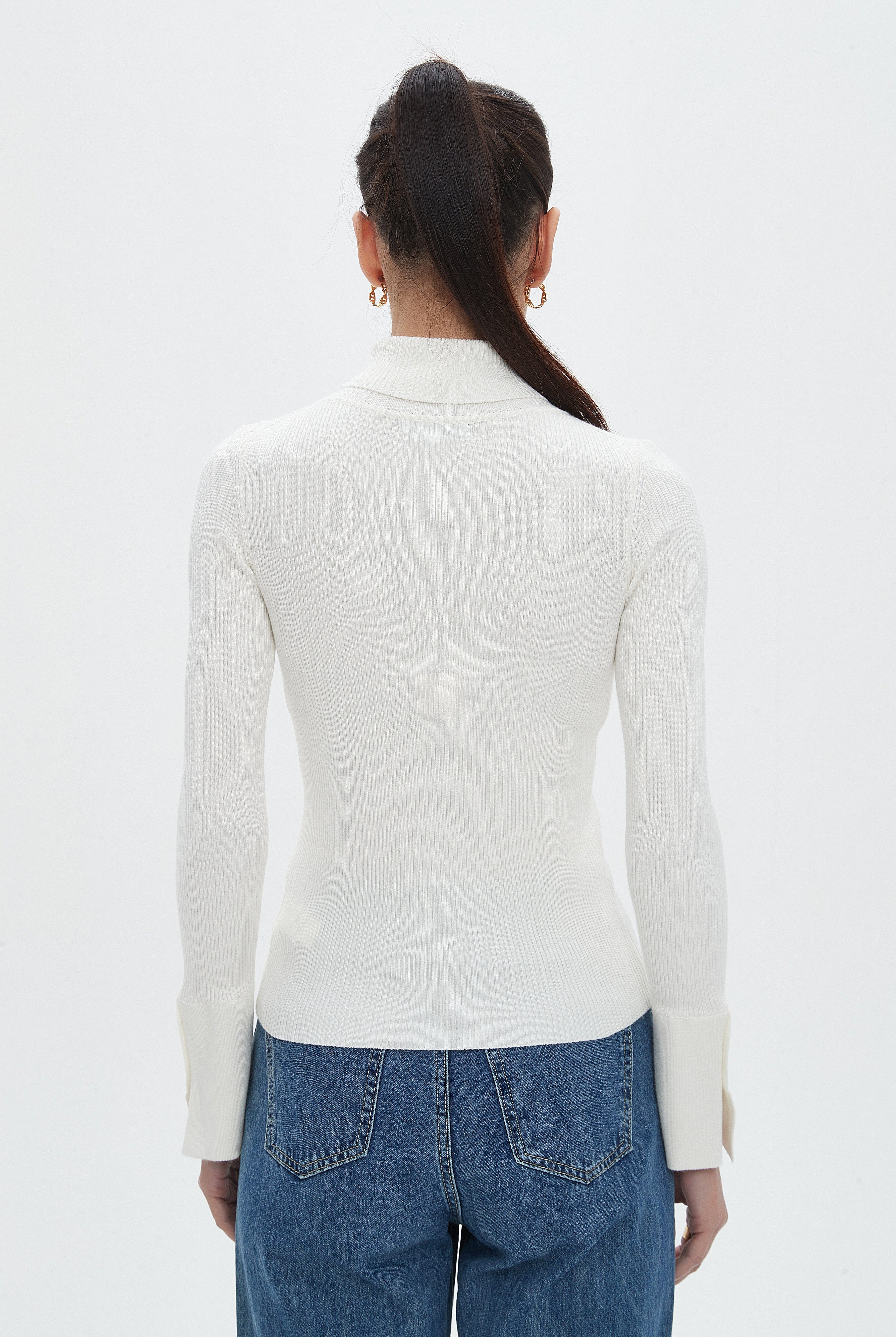 نتشي بلوزة نسائية بطول الخصر سادة مضلعة برقبة مرتفعة وكم طويل