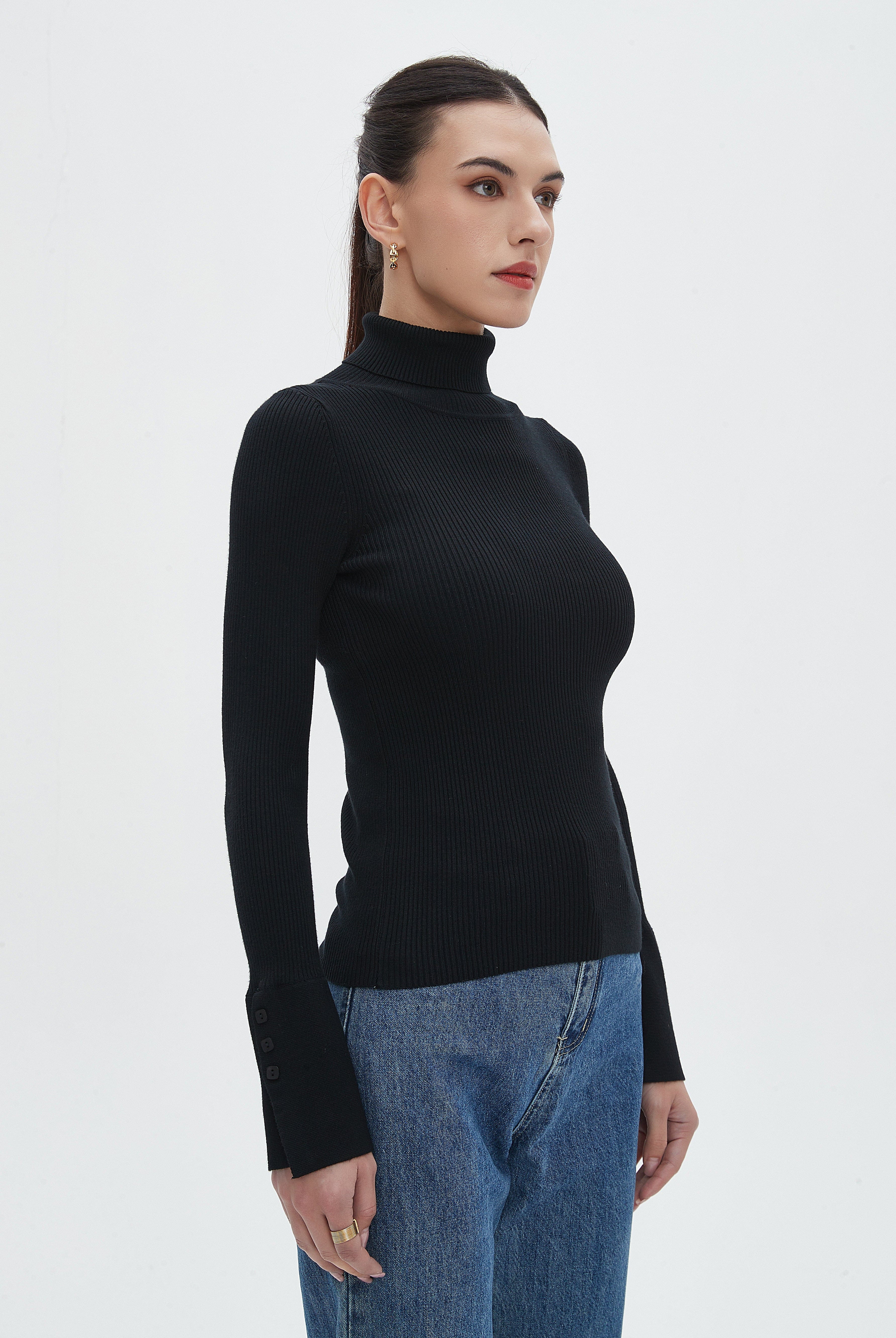 نتشي بلوزة نسائية بطول الخصر سادة مضلعة برقبة مرتفعة وكم طويل