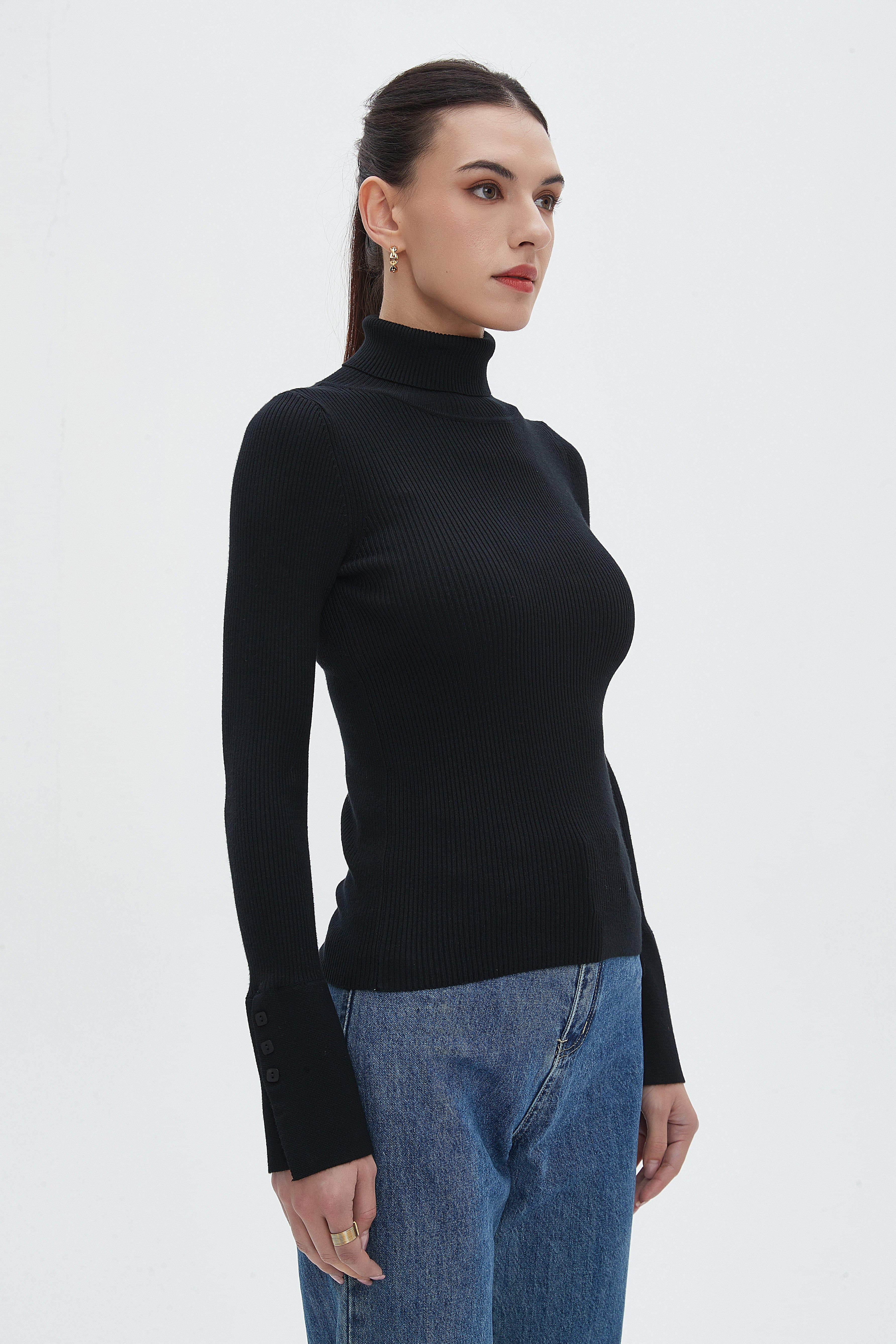 نتشي بلوزة نسائية بطول الخصر سادة مضلعة برقبة مرتفعة وكم طويل