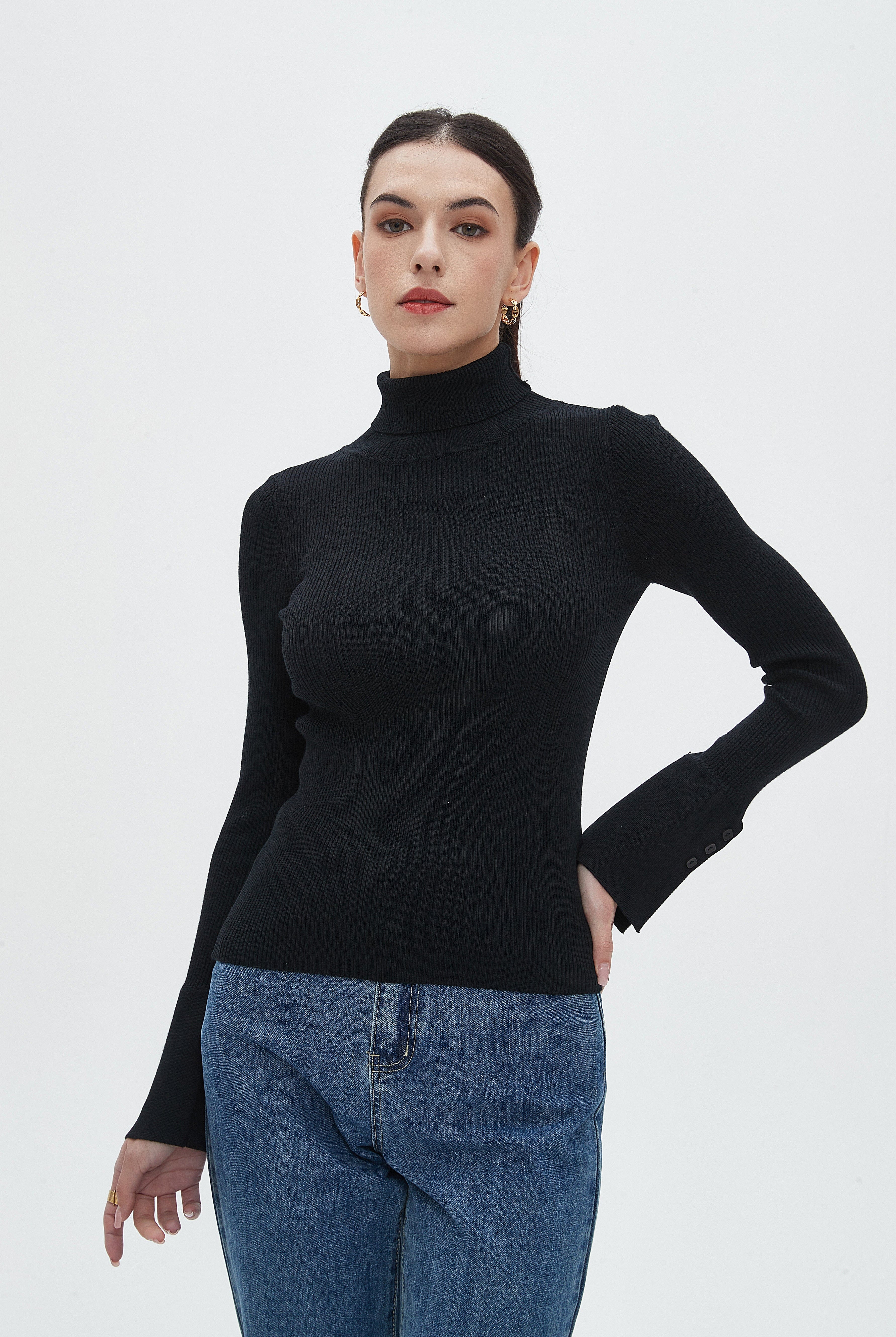 نتشي بلوزة نسائية بطول الخصر سادة مضلعة برقبة مرتفعة وكم طويل