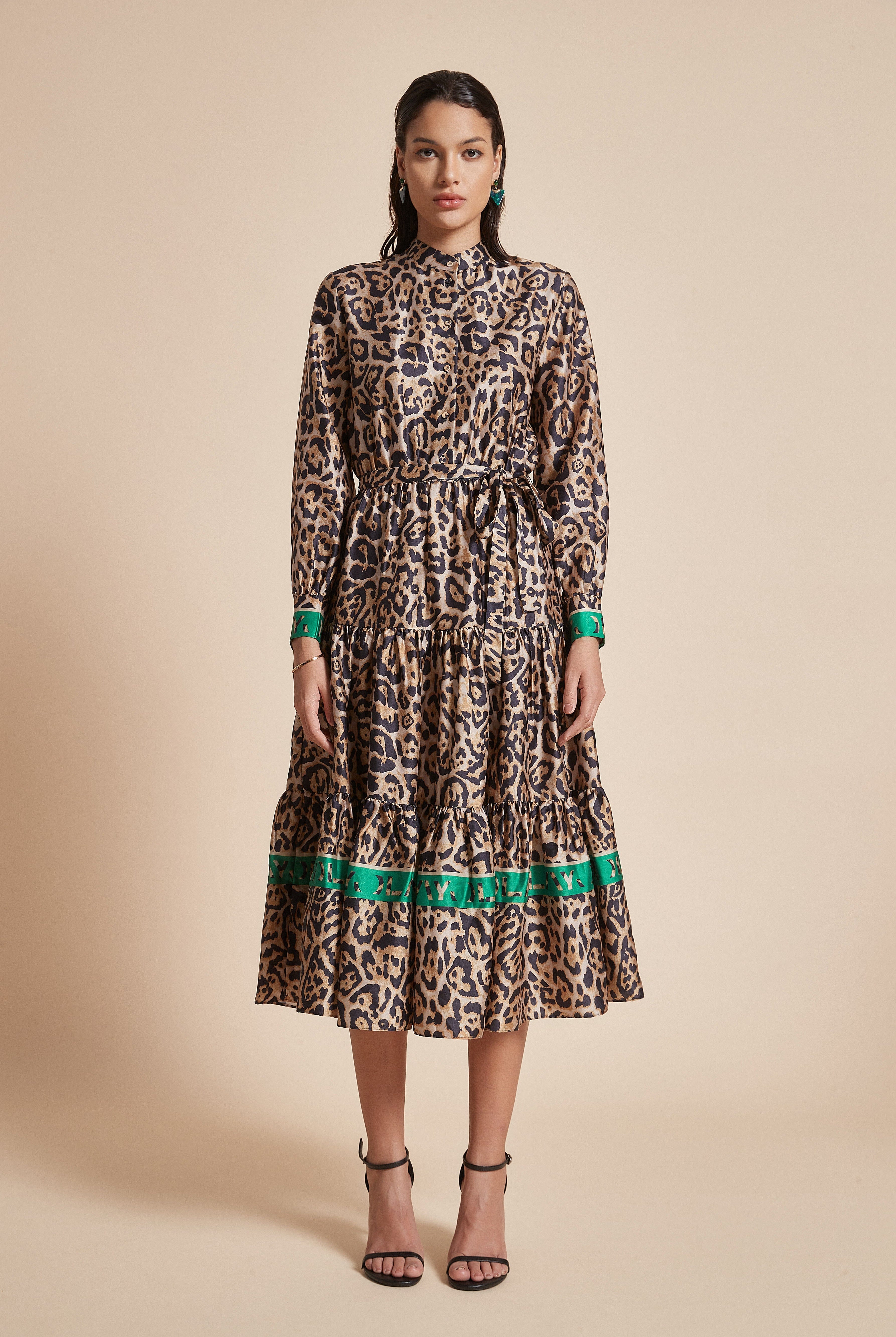 يولا فستان نسائي ميدي تايجر بكم طويل كشكش ورقبة دائرية