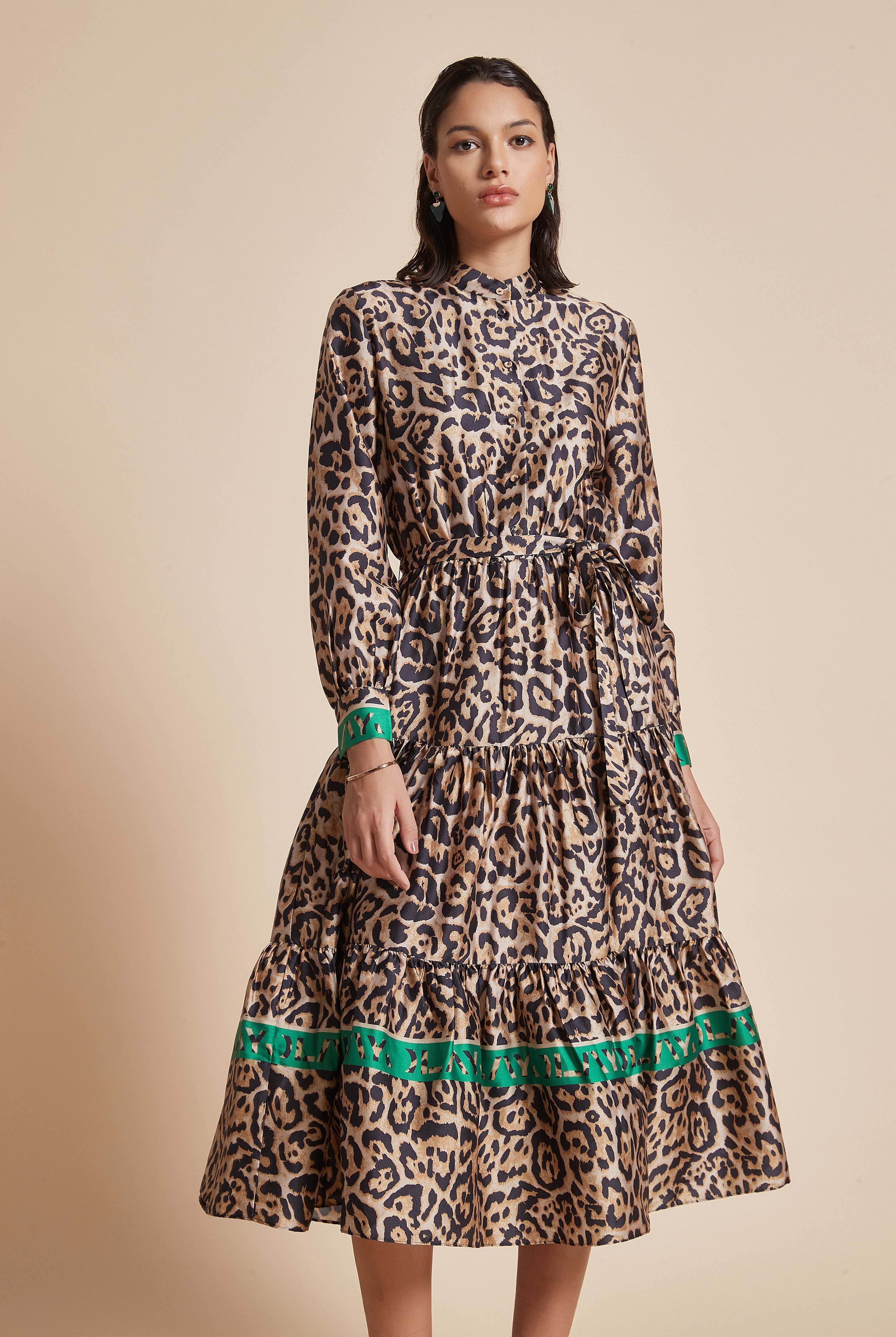 يولا فستان نسائي ميدي تايجر بكم طويل كشكش ورقبة دائرية