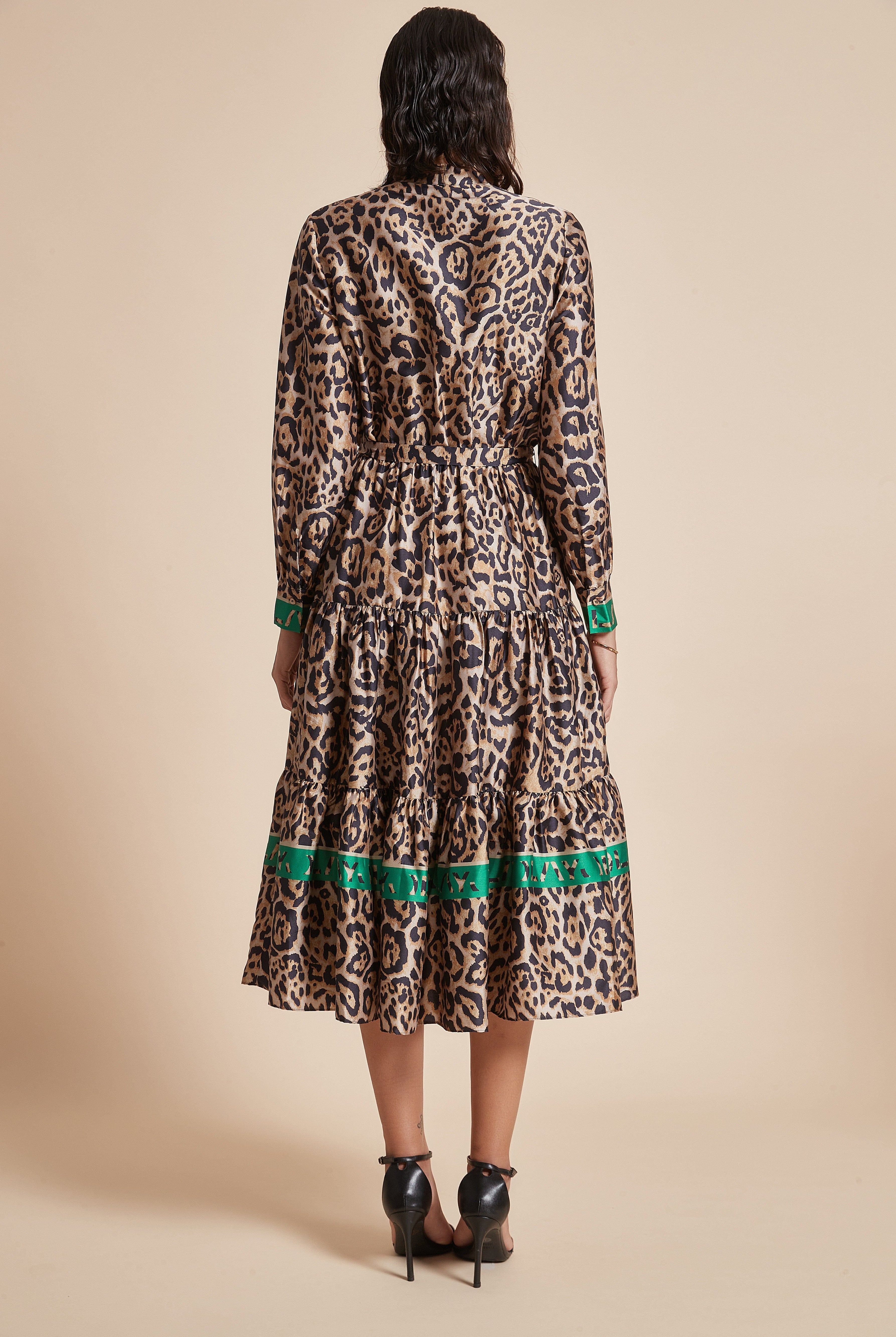 يولا فستان نسائي ميدي تايجر بكم طويل كشكش ورقبة دائرية