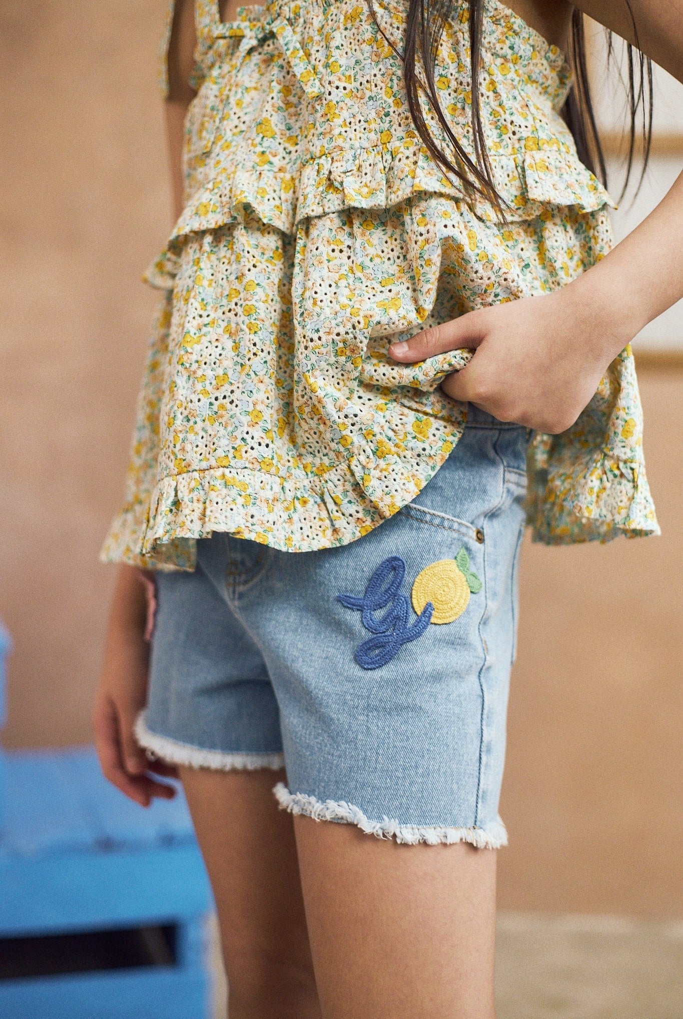 جينجرسنابس شورت بناتي جينز بجيوب جانبية مطرز