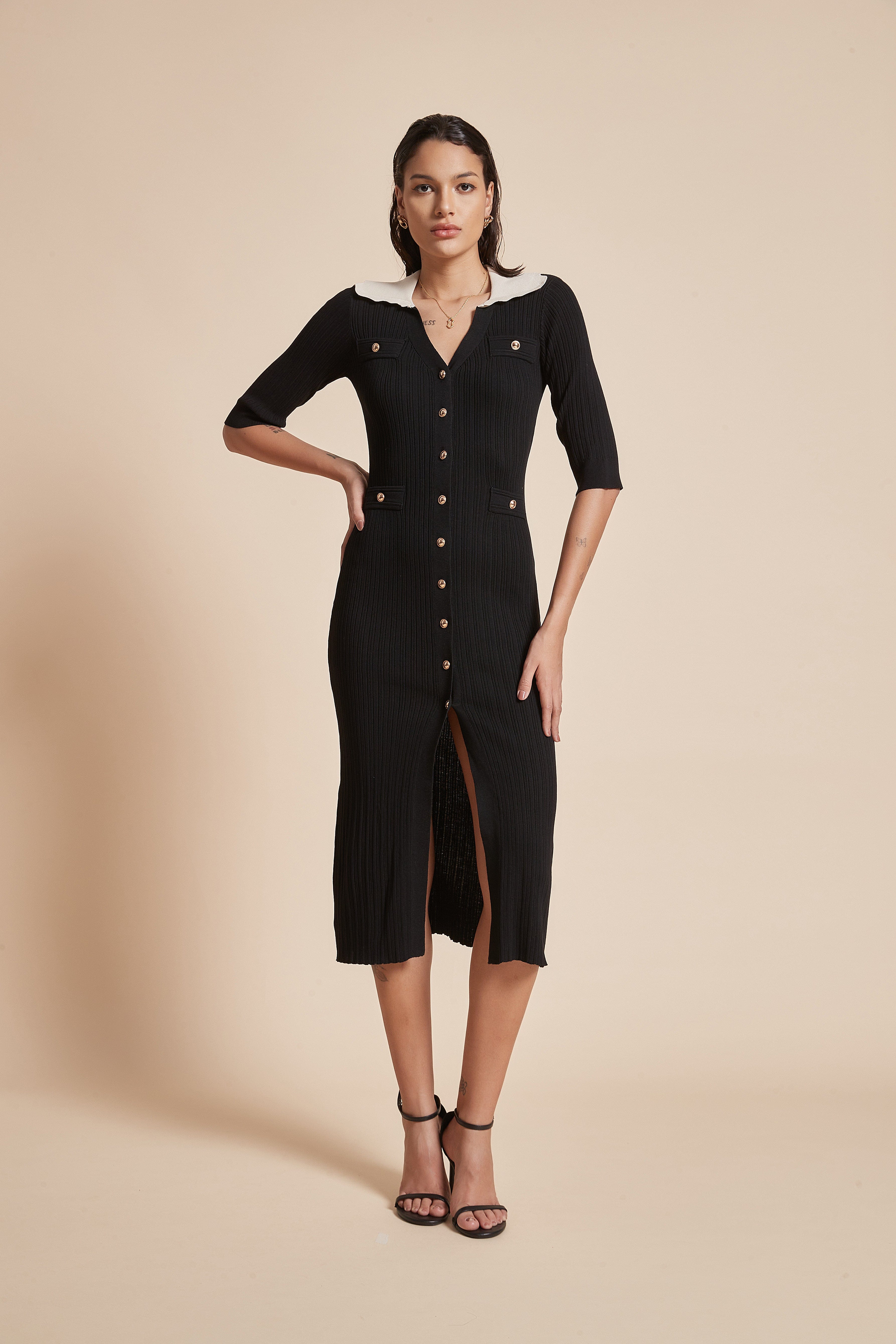 يولا فستان نسائي ميدي بفتحة من الأمام 3/4 كم بياقة مع فتحة رقبة V