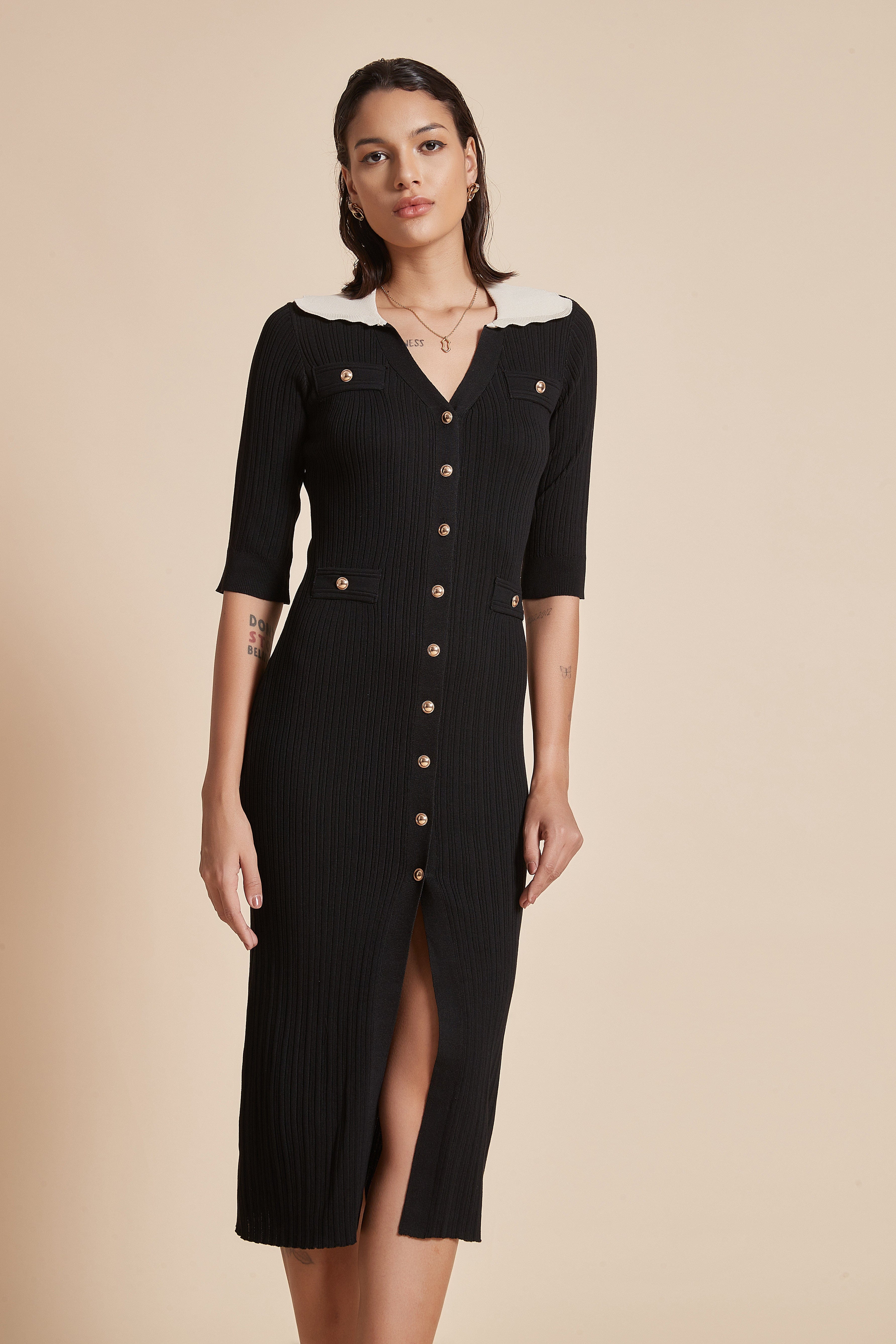 يولا فستان نسائي ميدي بفتحة من الأمام 3/4 كم بياقة مع فتحة رقبة V