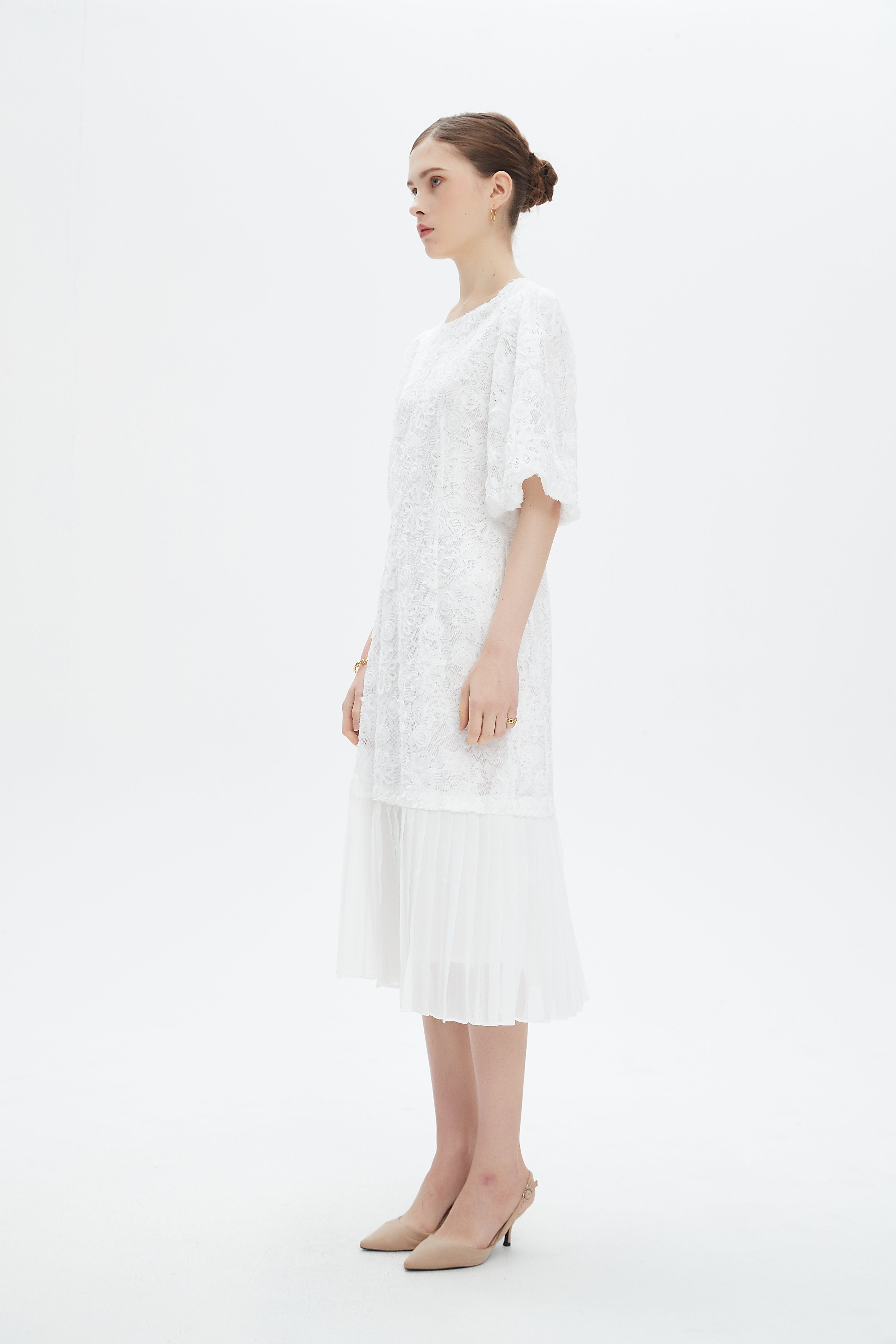 نتشي فستان ميدي مخصر بليسيه من أسفل نص كم بف نسائي