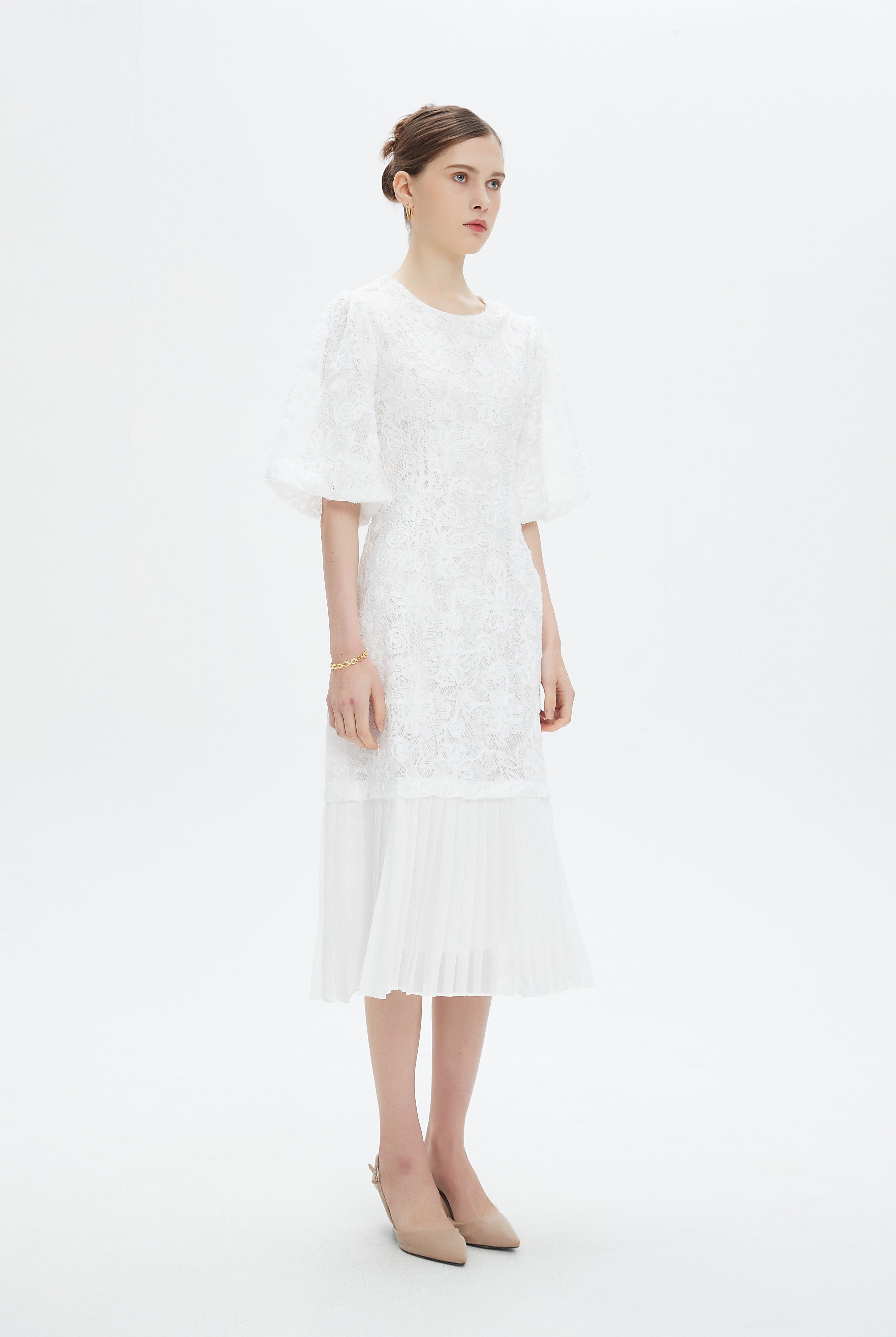 نتشي فستان ميدي مخصر بليسيه من أسفل نص كم بف نسائي