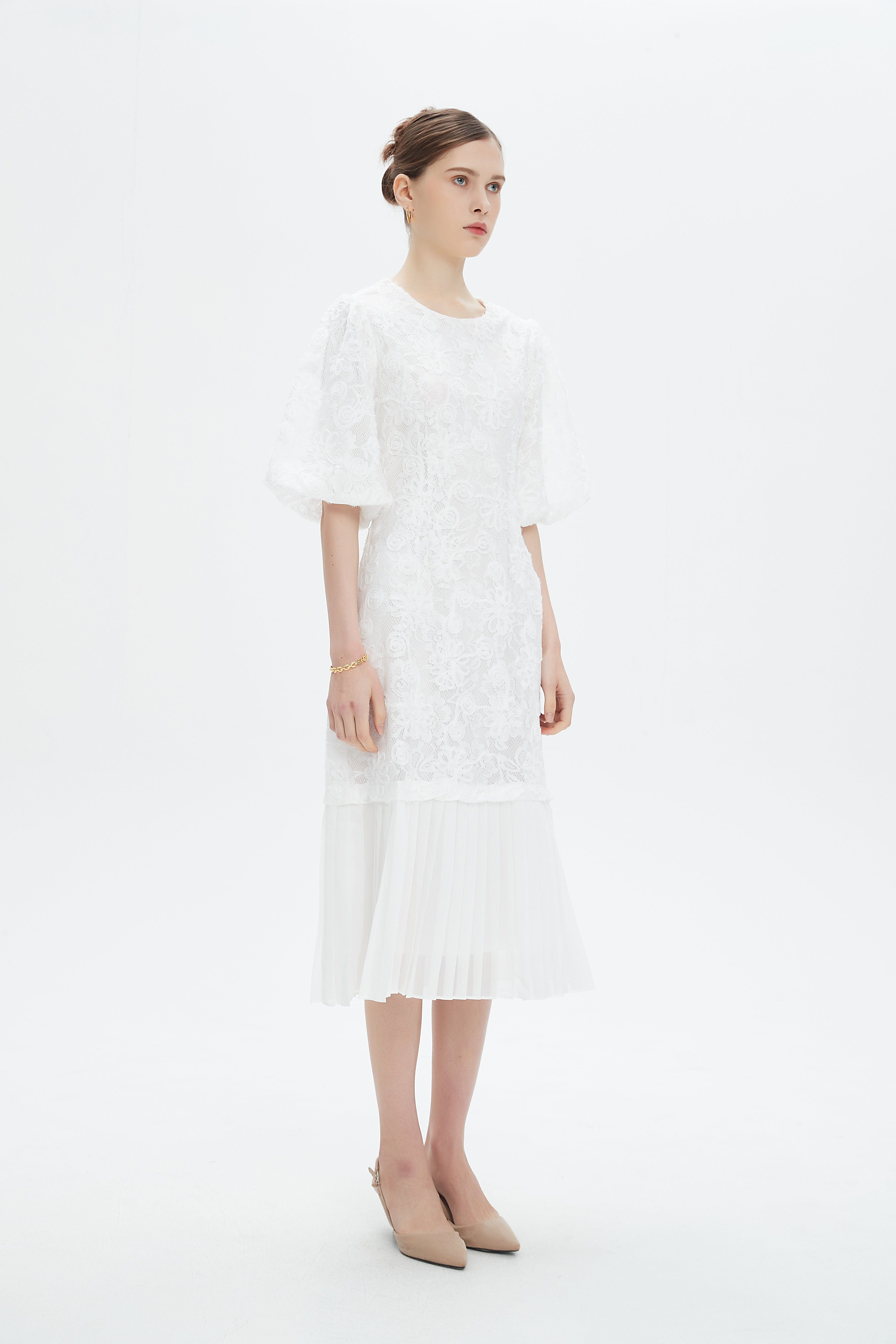 نتشي فستان ميدي مخصر بليسيه من أسفل نص كم بف نسائي