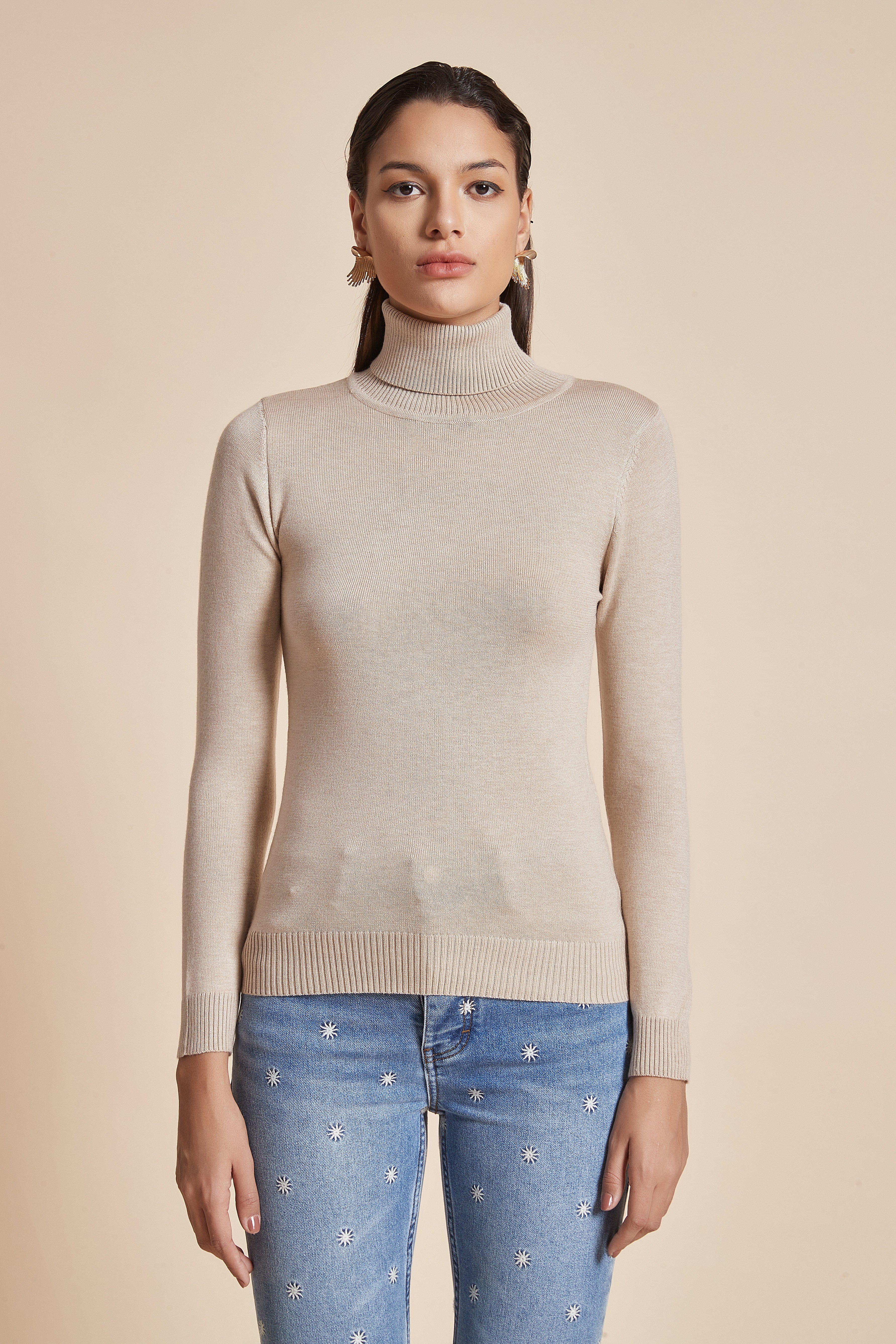 يولا بلوزة نسائية سادة بأكمام طويلة ورقبة عالية