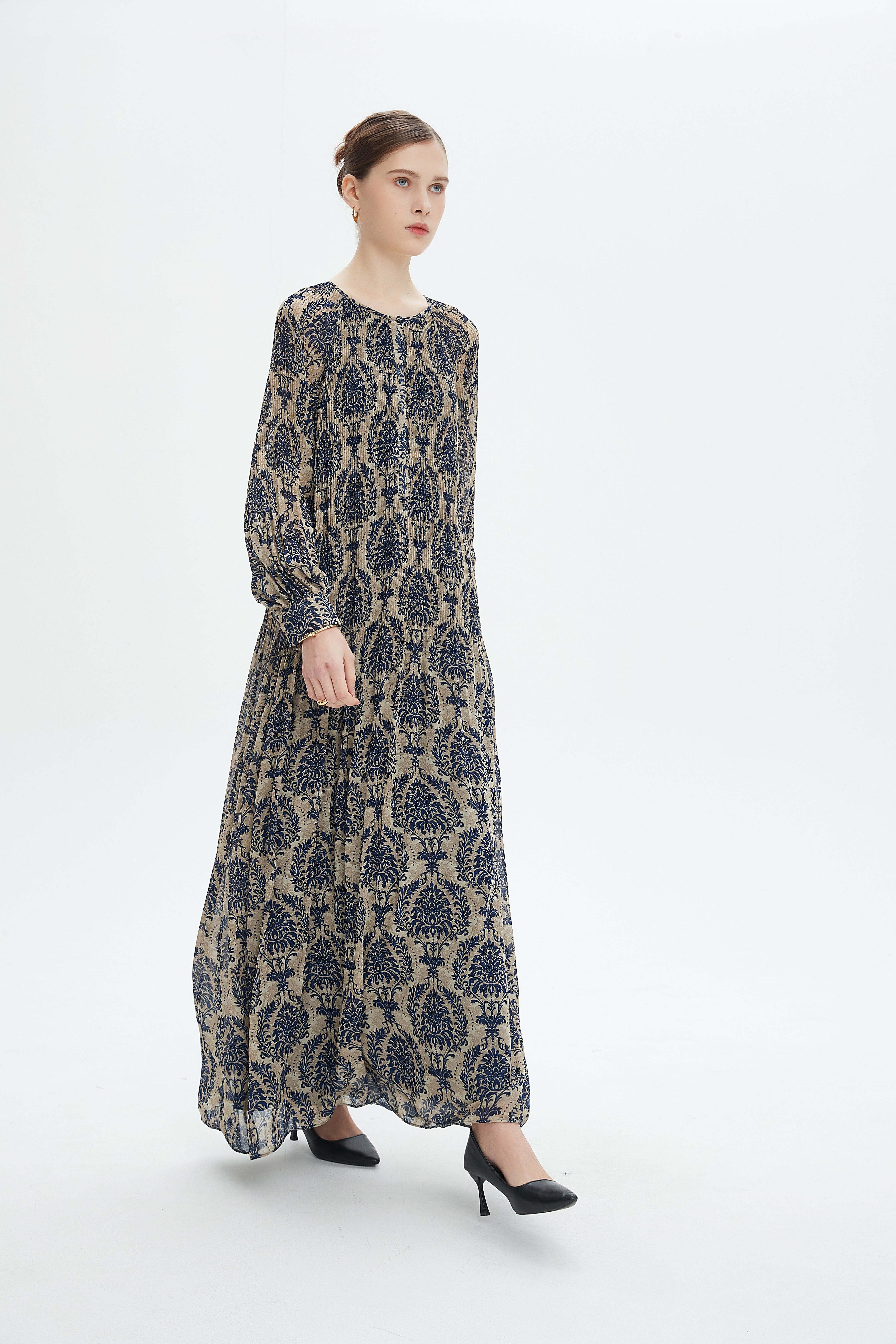 نتشي فستان طويل منقوش كم طويل بف نسائي