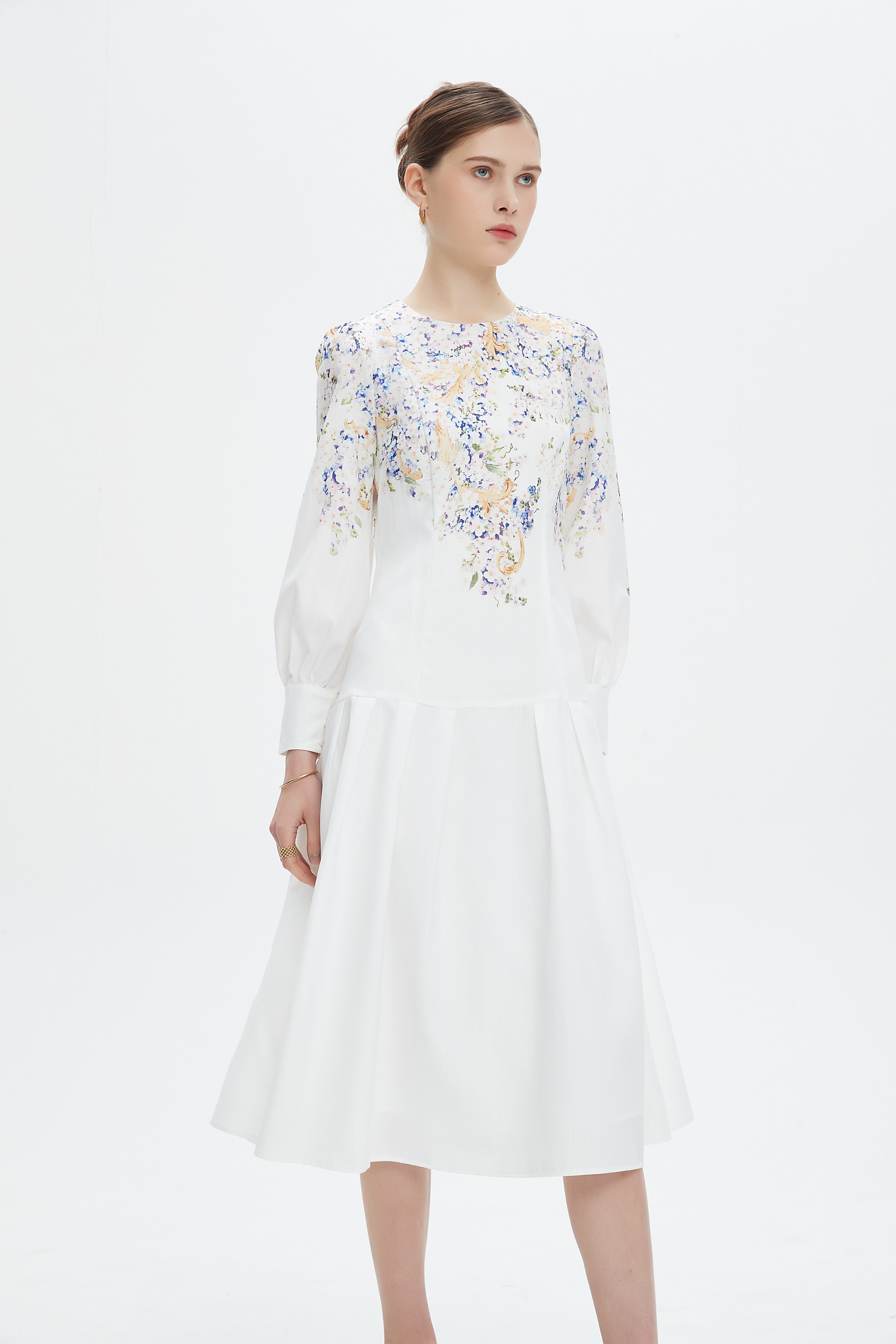 نتشي فستان ميدي بأكمام طويلة مخصر مزين بورود نسائي