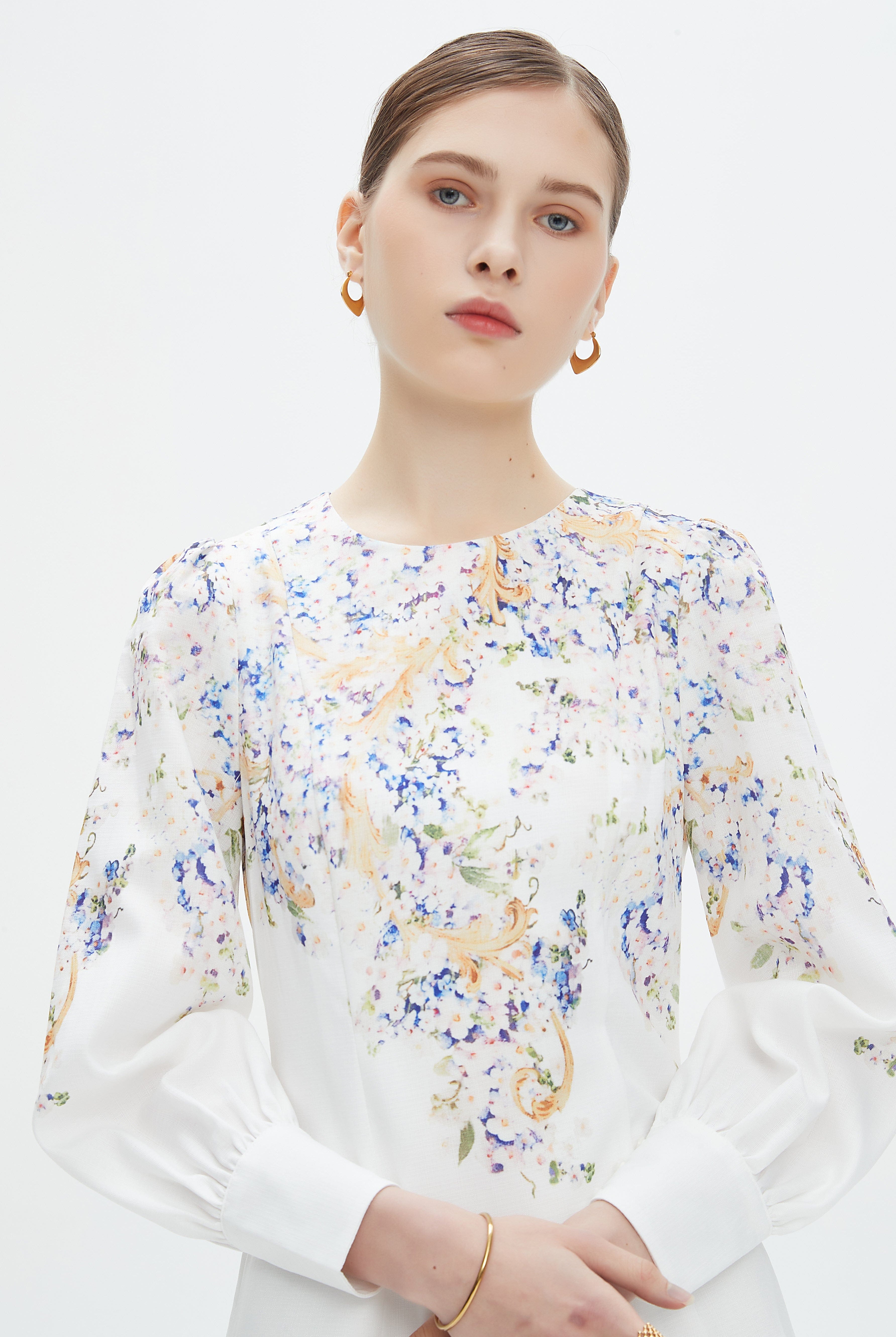 نتشي فستان ميدي بأكمام طويلة مخصر مزين بورود نسائي