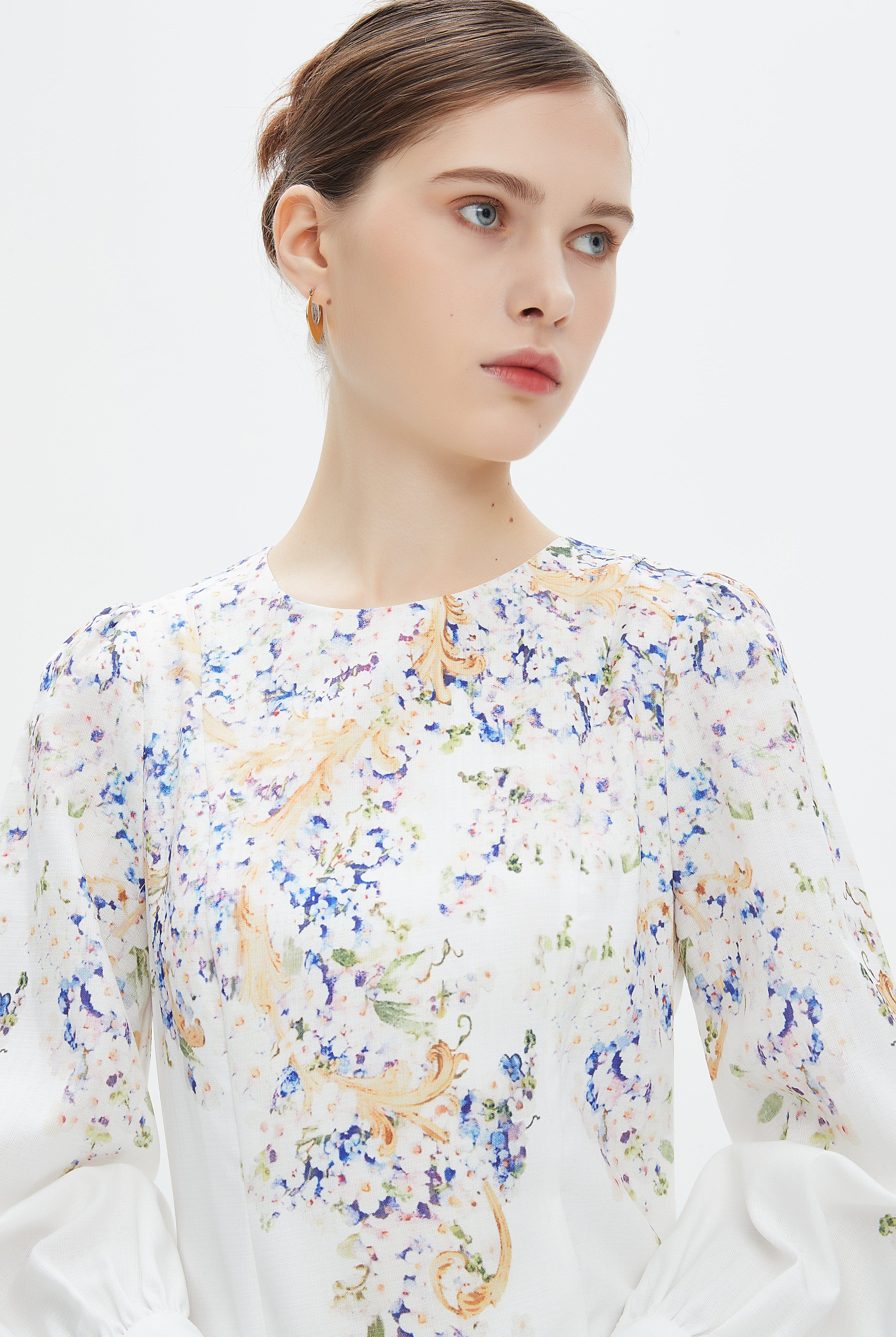 نتشي فستان ميدي بأكمام طويلة مخصر مزين بورود نسائي