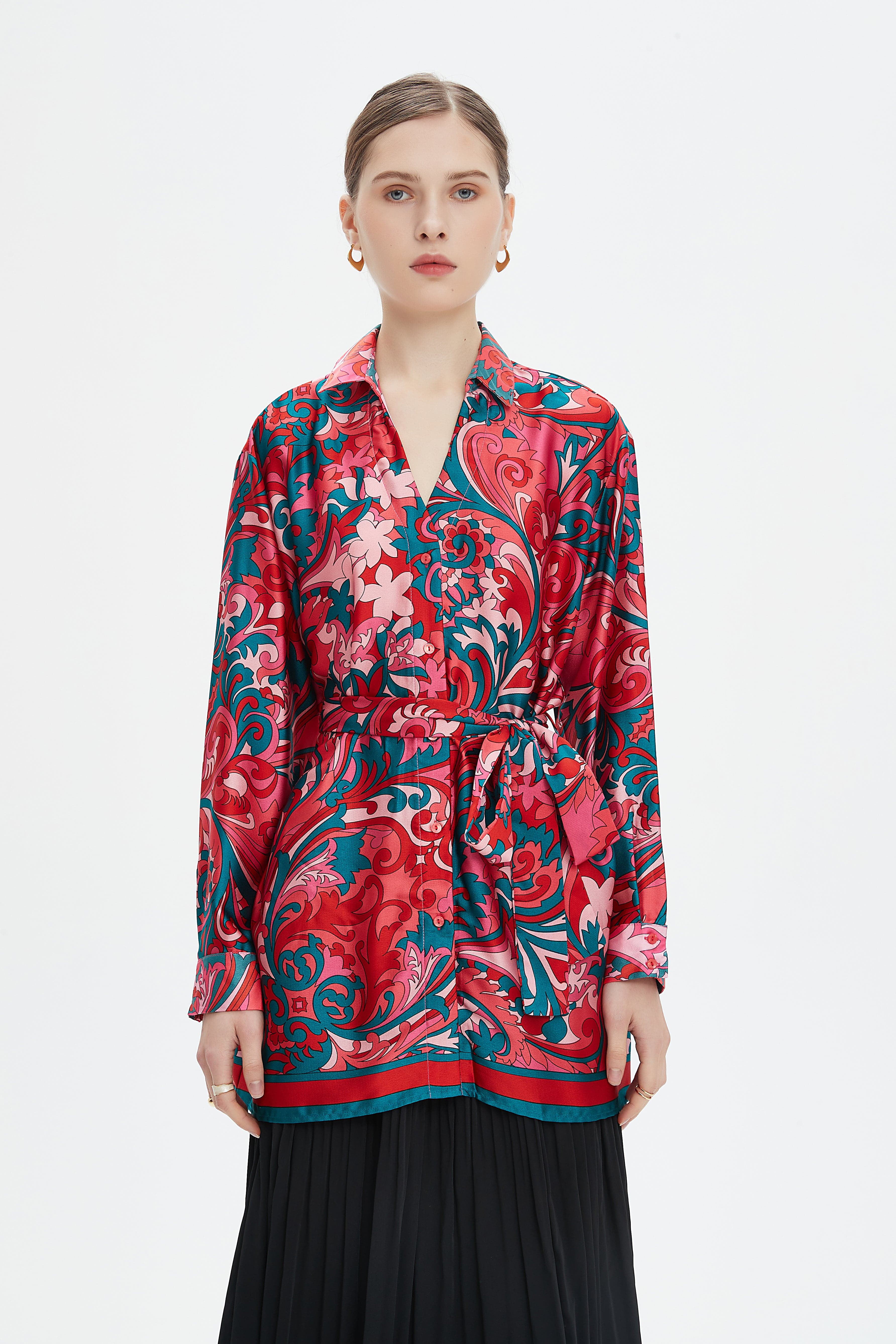 نتشي قميص طويل الأكمام منقوش بأزرار أمامية نسائي