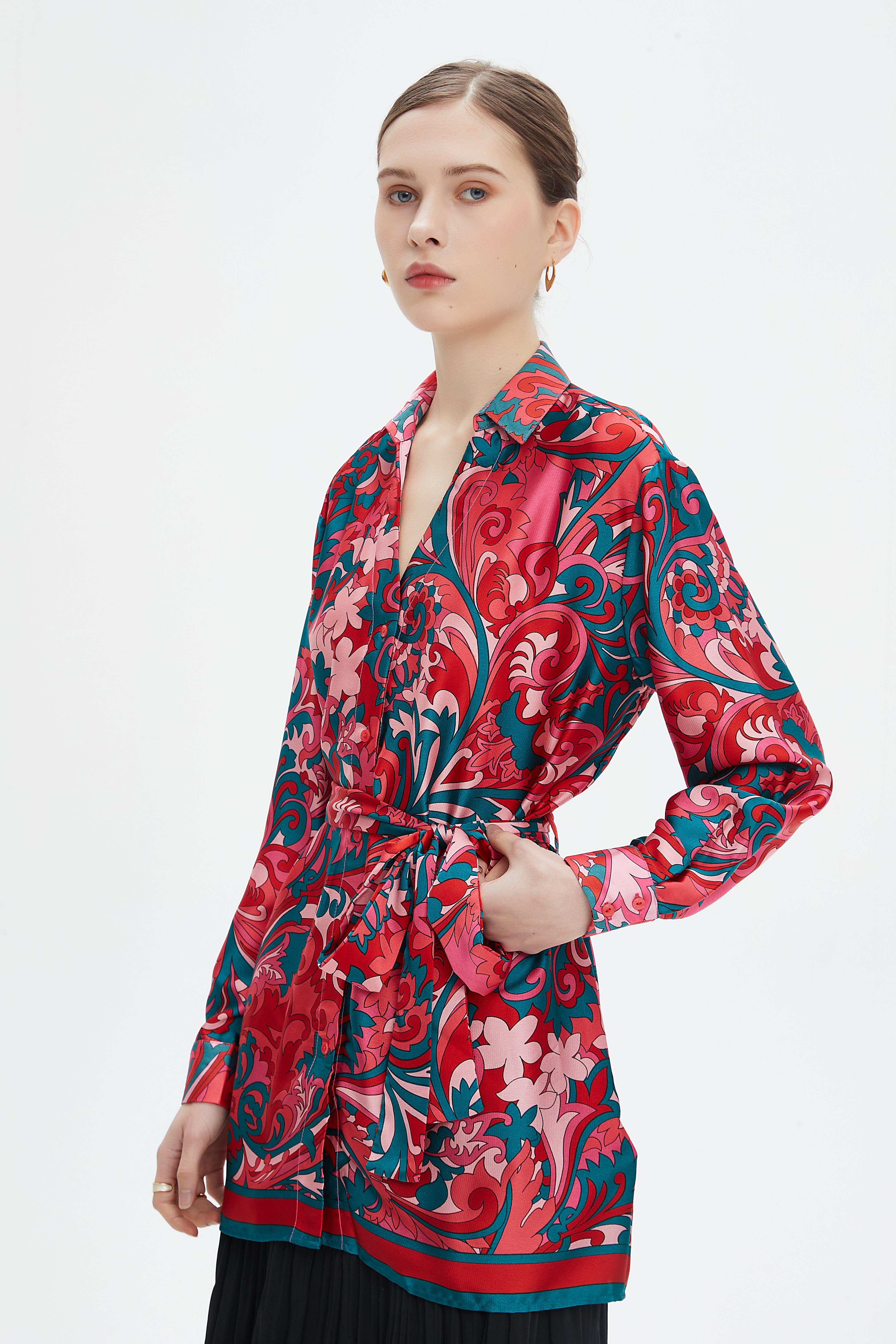 نتشي قميص طويل الأكمام منقوش بأزرار أمامية نسائي