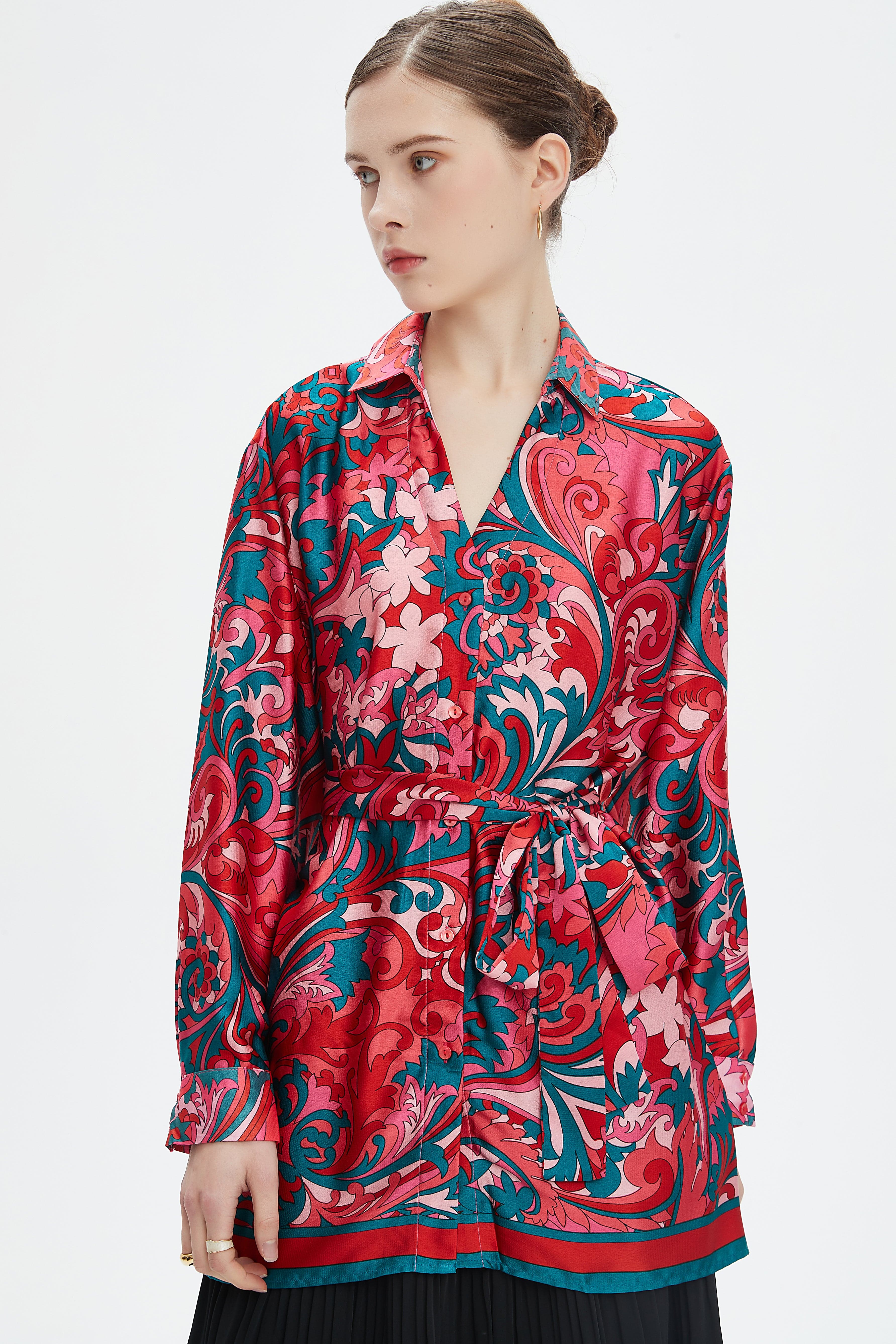 نتشي قميص طويل الأكمام منقوش بأزرار أمامية نسائي