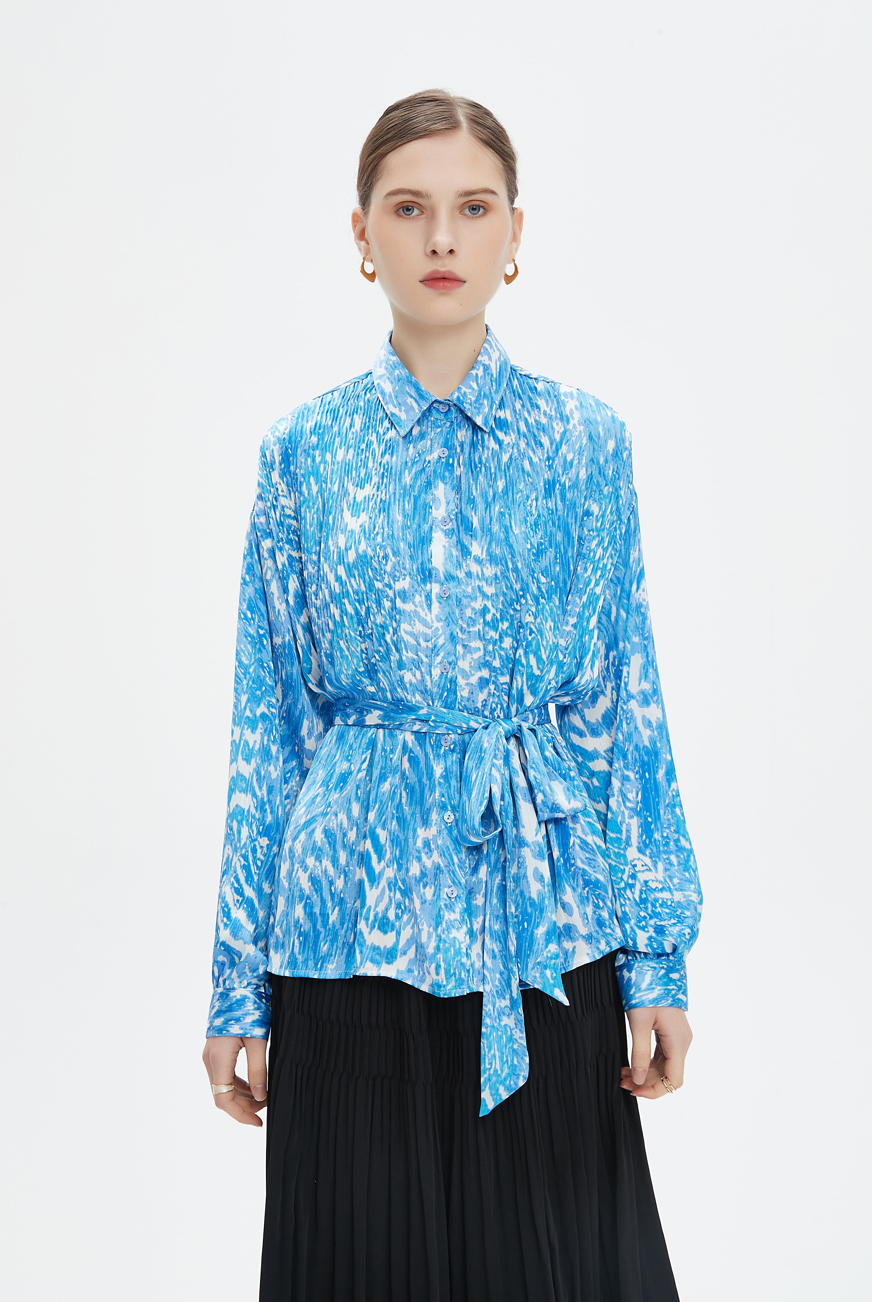 نتشي قميص بأكمام طويلة بكسرات منقوش بأزرار أمامية نسائي