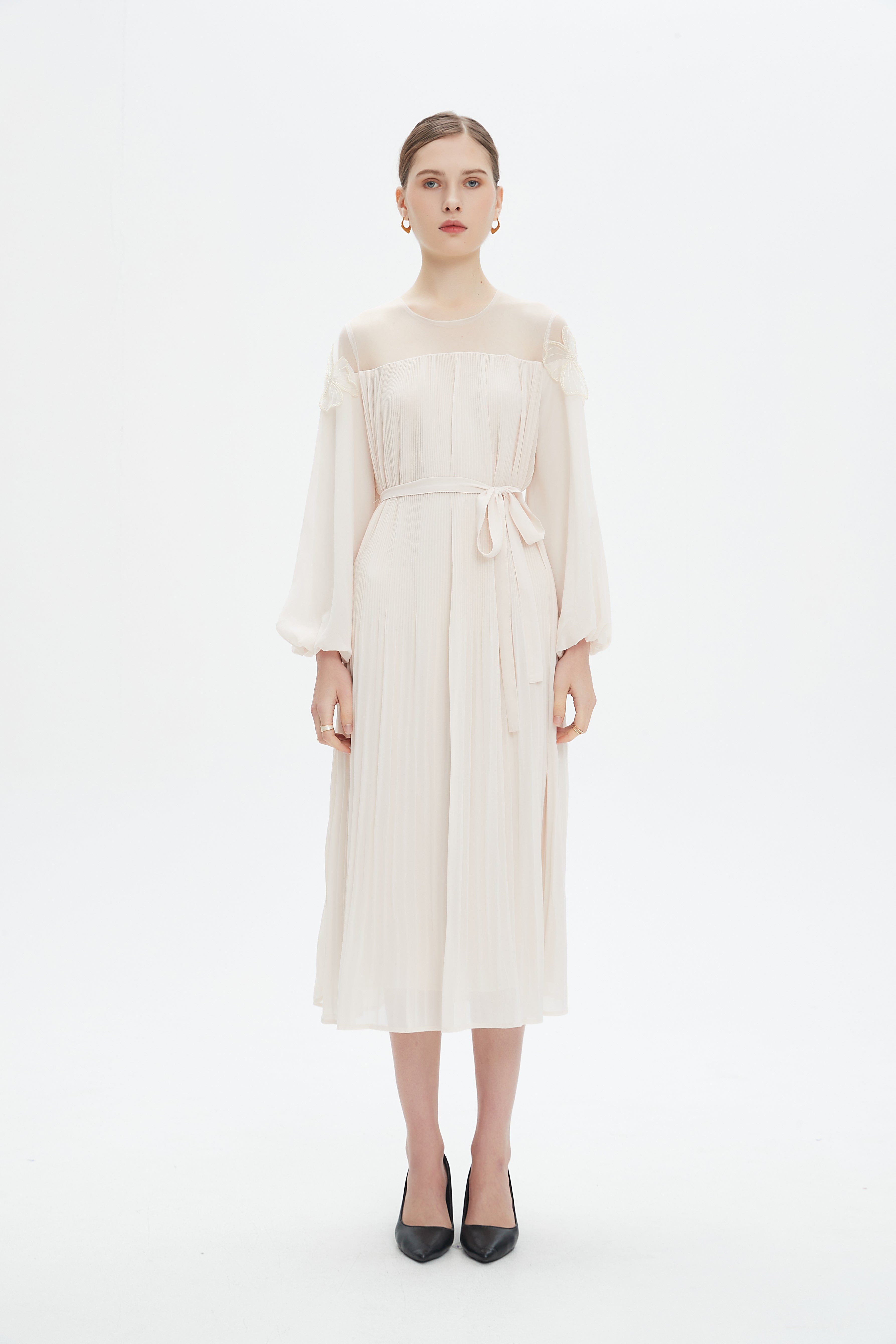 نتشي فستان ميدي بأكمام طويلة بكسرات ضيقة نسائي