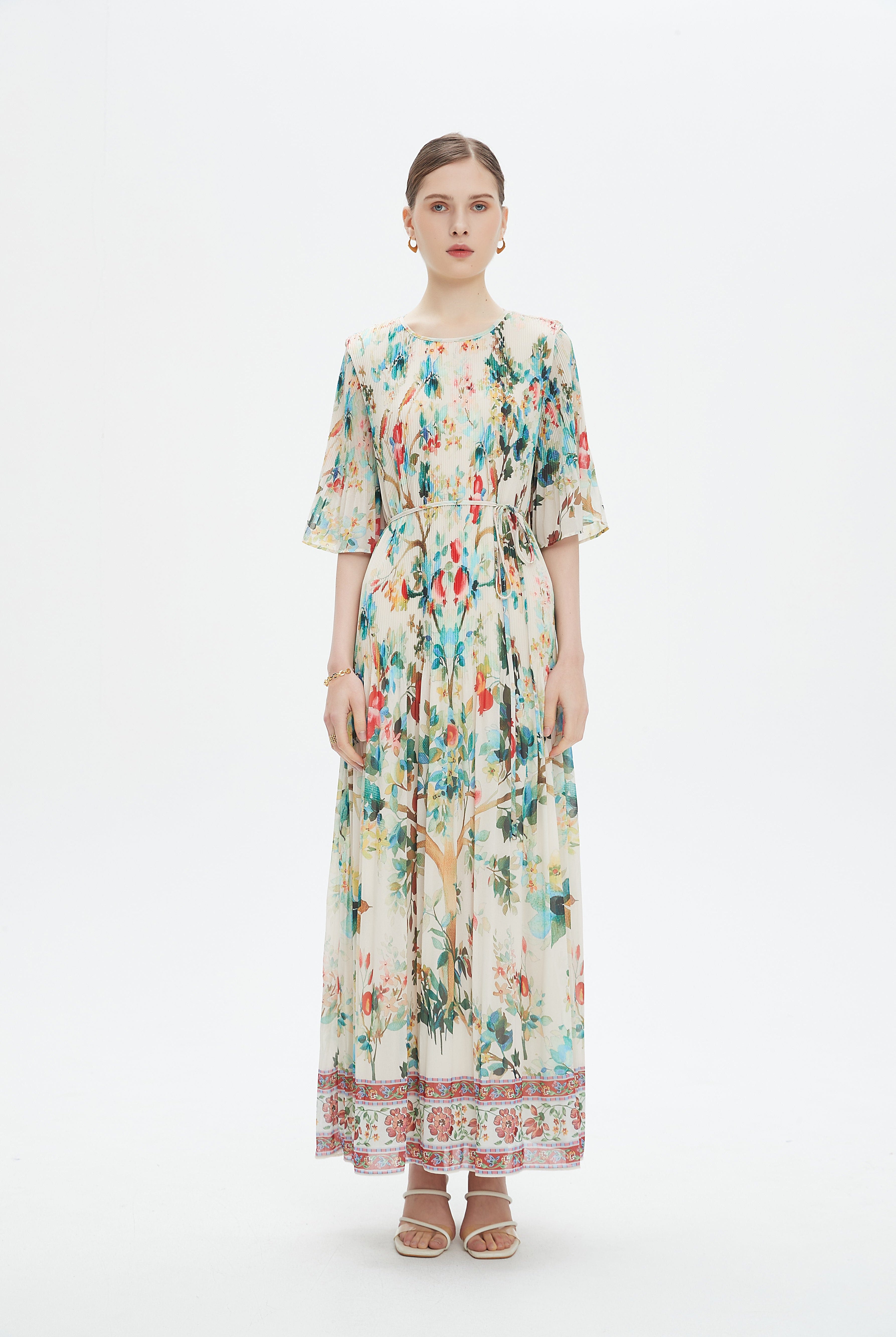 نتشي فستان مخصر منقوش نص كم واسع فراشة