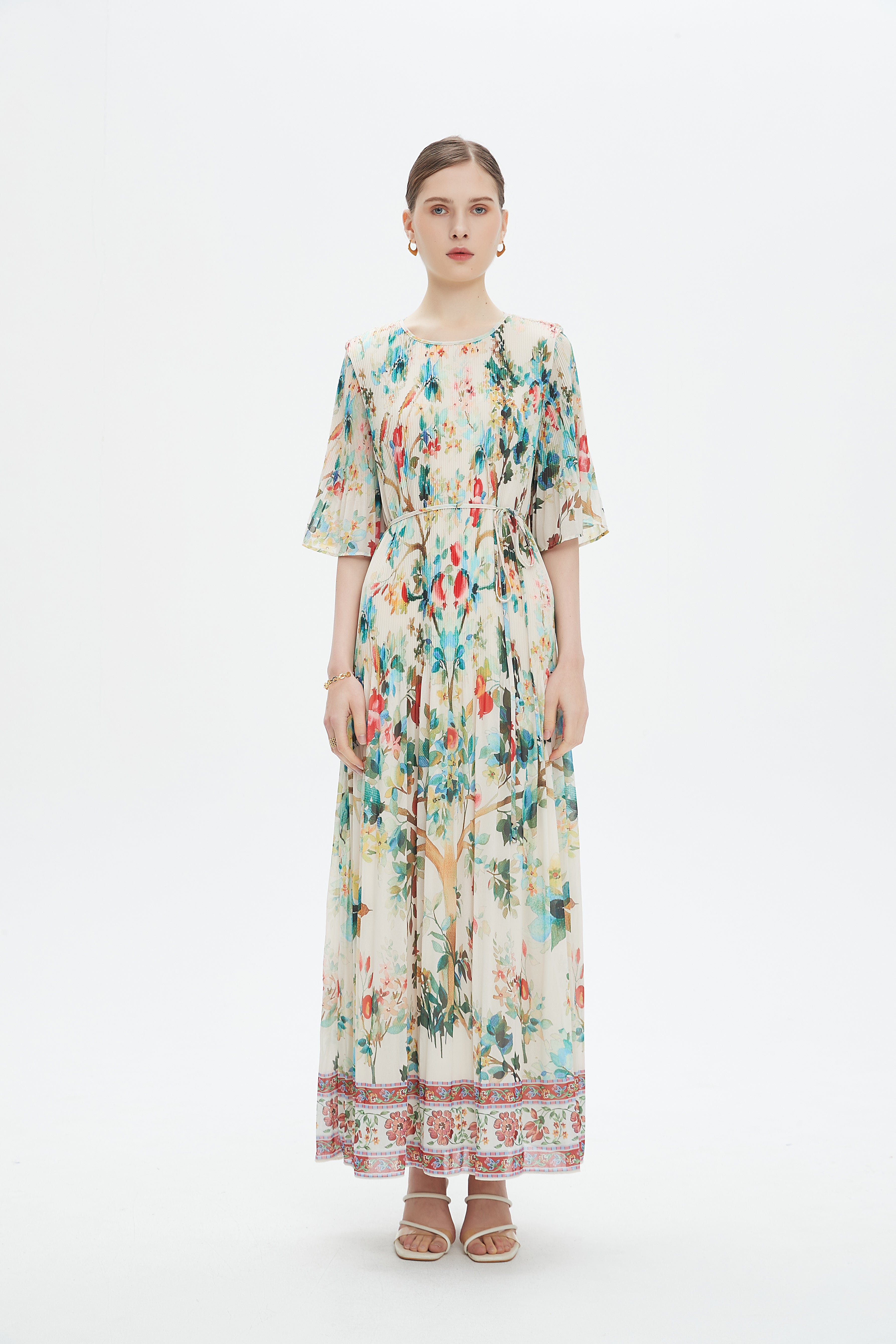 نتشي فستان مخصر منقوش نص كم واسع فراشة