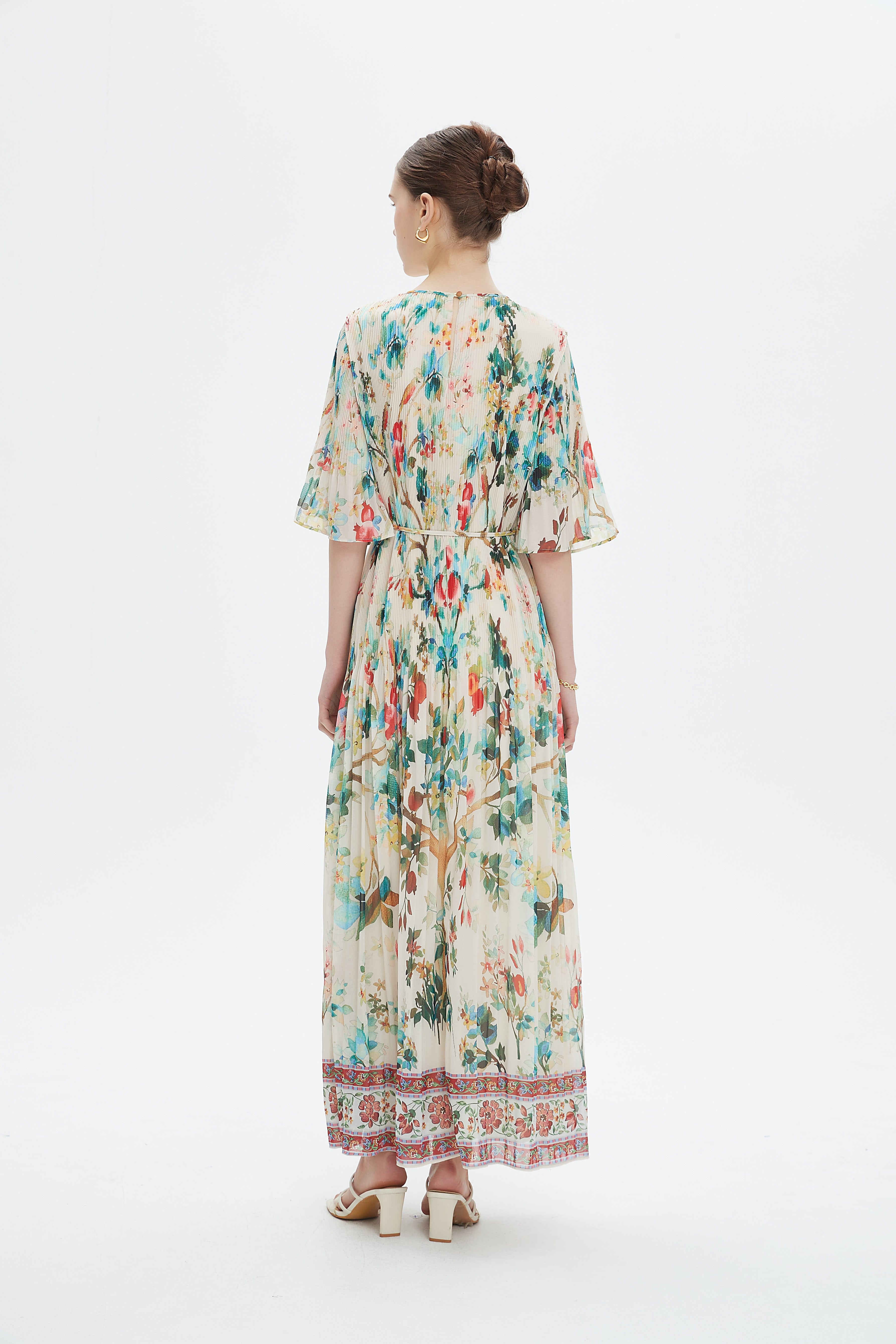 نتشي فستان مخصر منقوش نص كم واسع فراشة