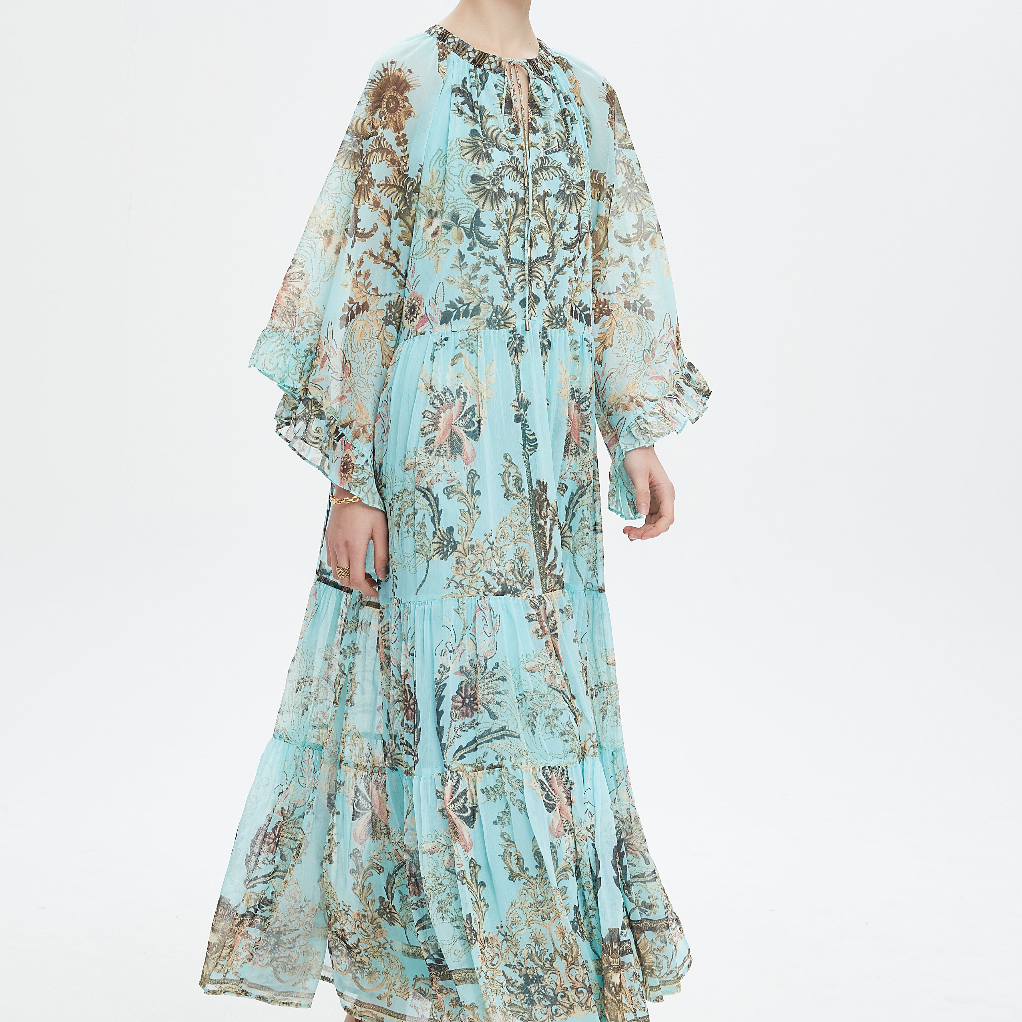 نتشي فستان طويل شيفون منقوش كم طويل نسائي