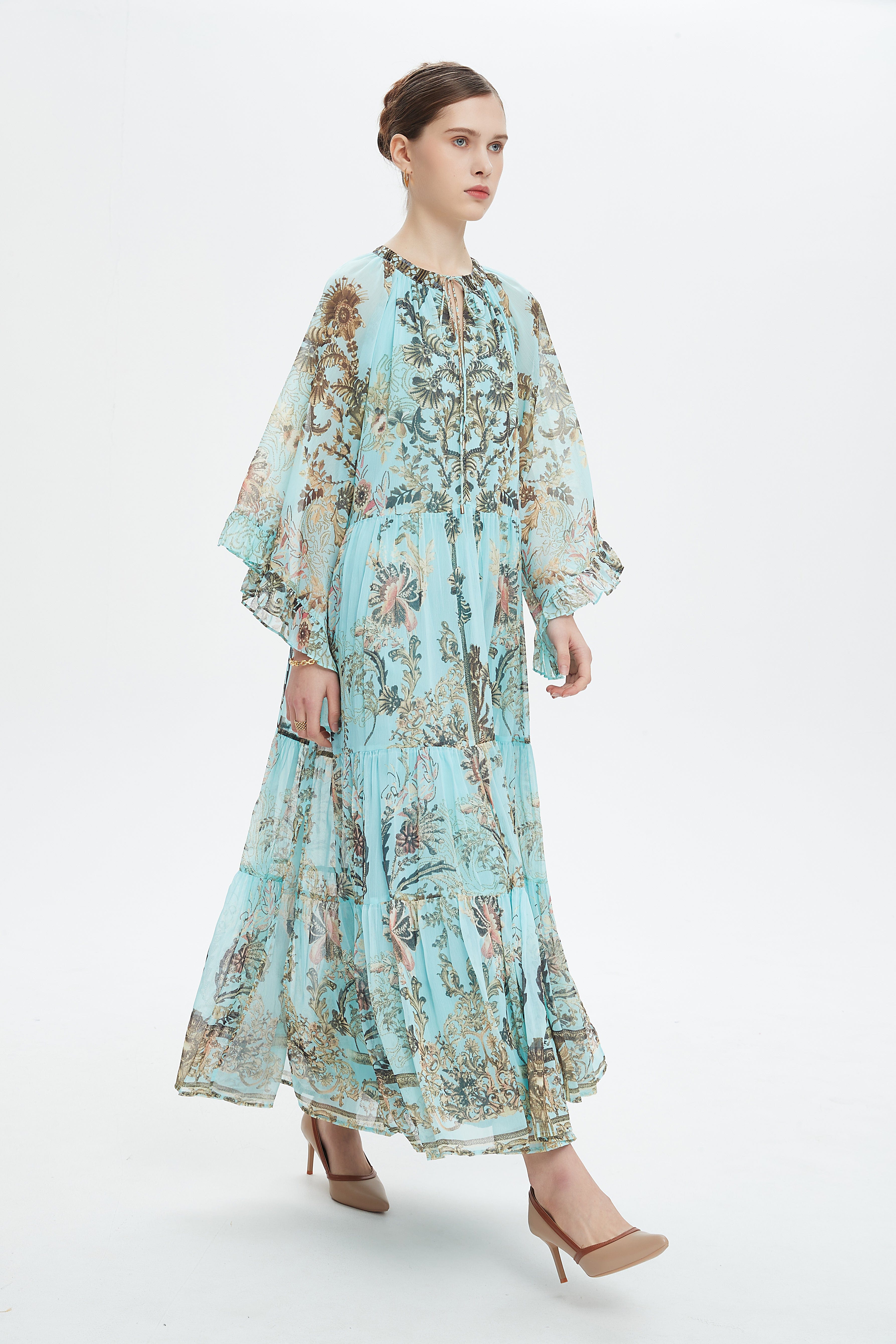 نتشي فستان طويل شيفون منقوش كم طويل نسائي