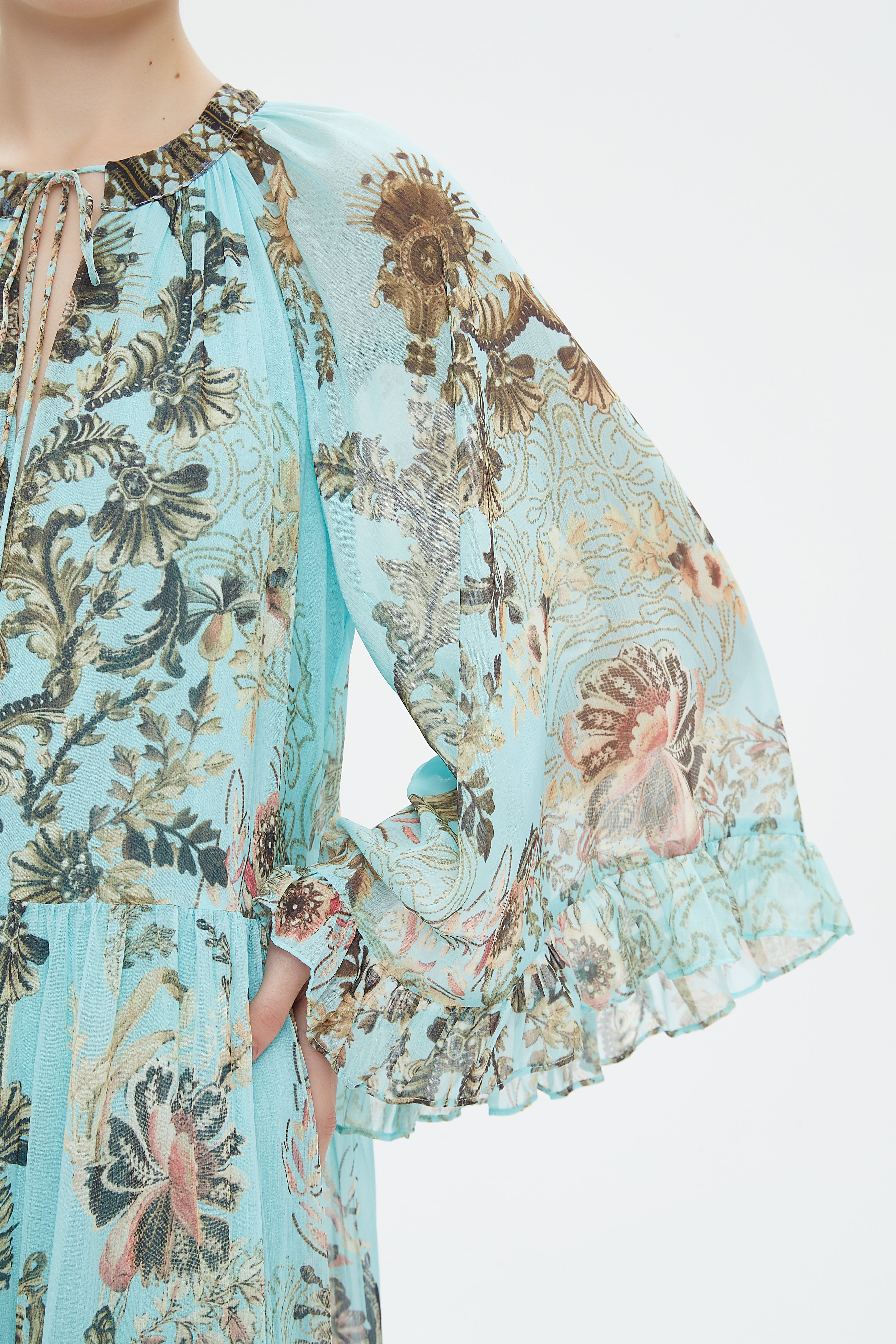 نتشي فستان طويل شيفون منقوش كم طويل نسائي