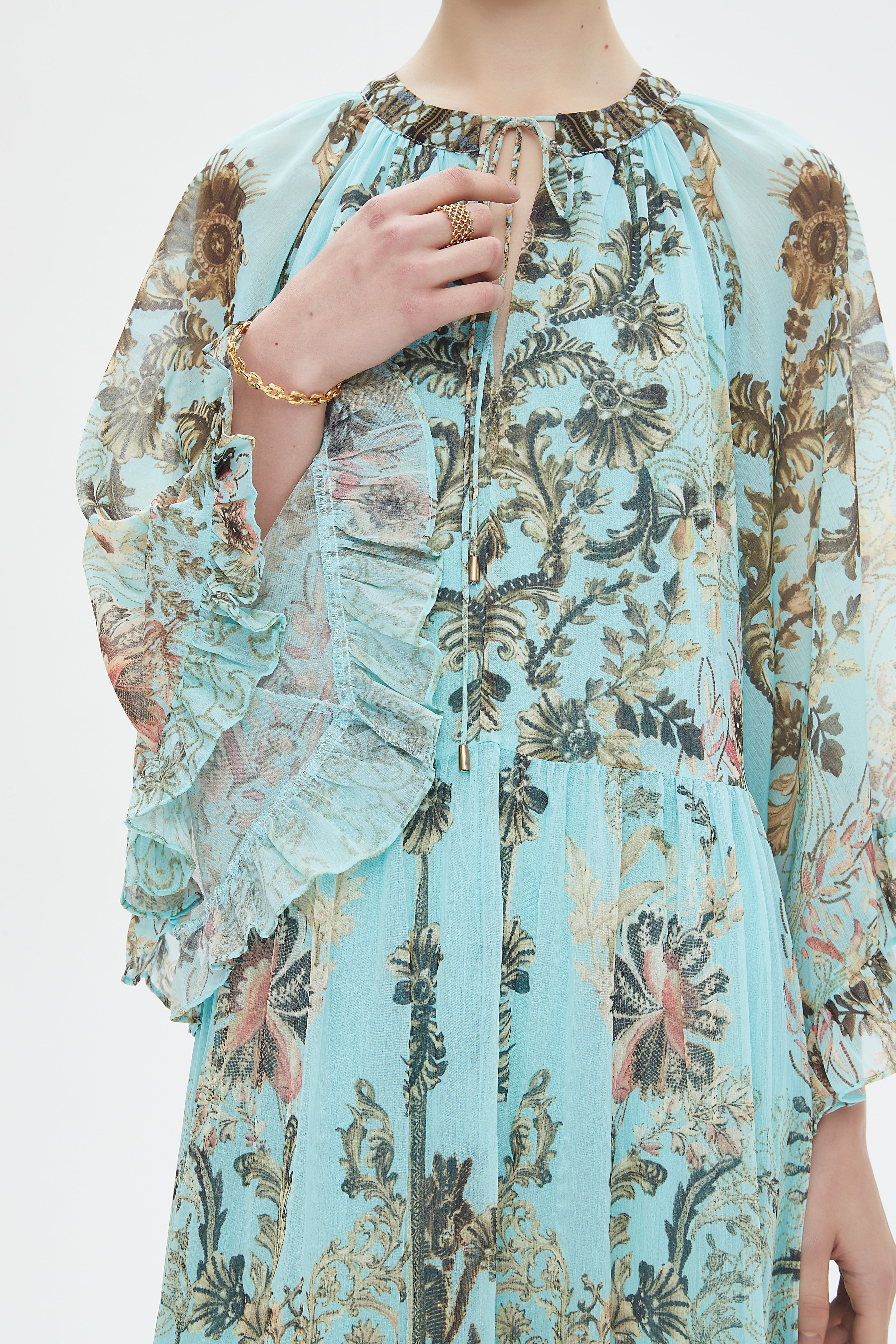 نتشي فستان طويل شيفون منقوش كم طويل نسائي