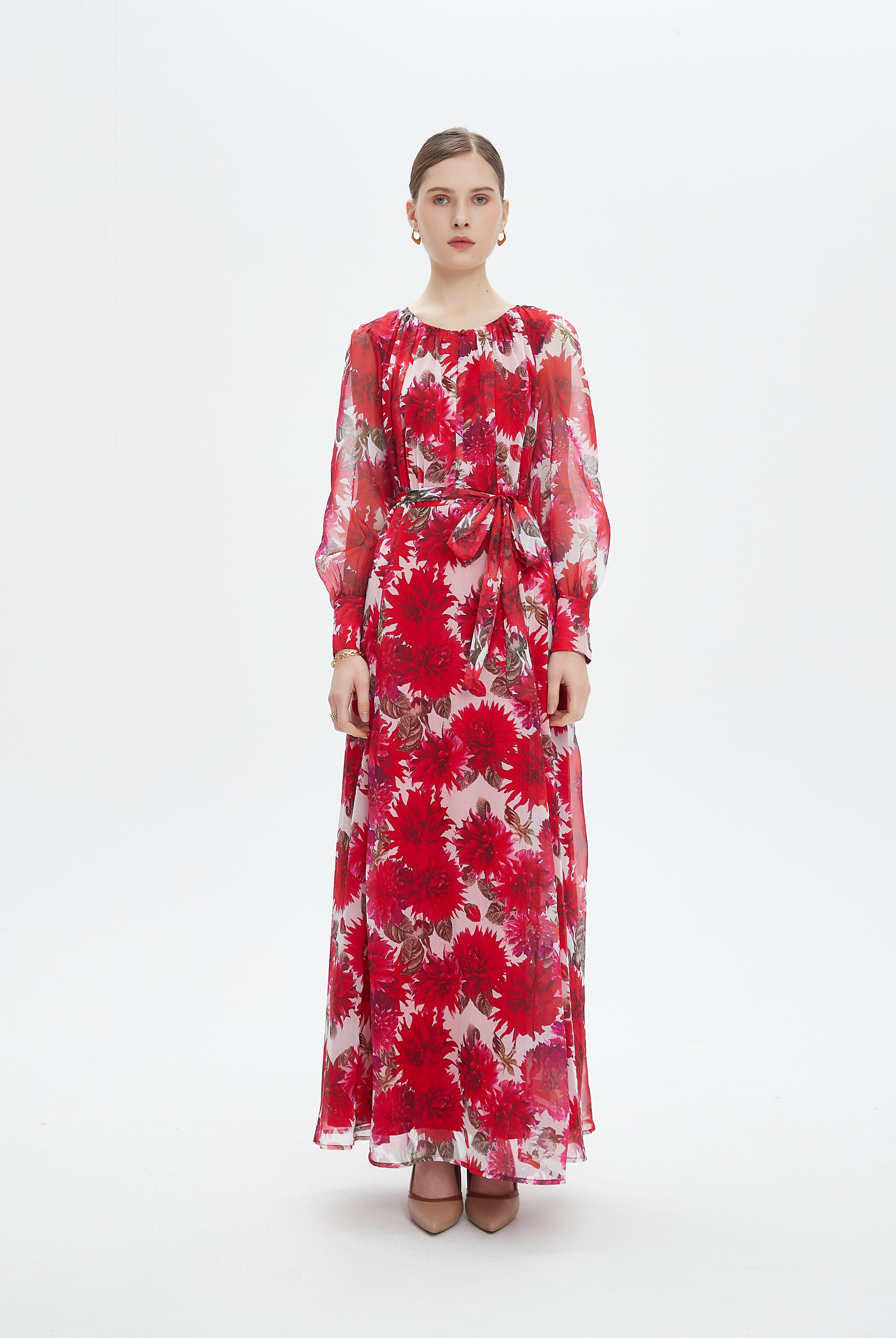 نتشي فستان ماكسي بأكمام طويلة مزين بورود كبيرة نسائي