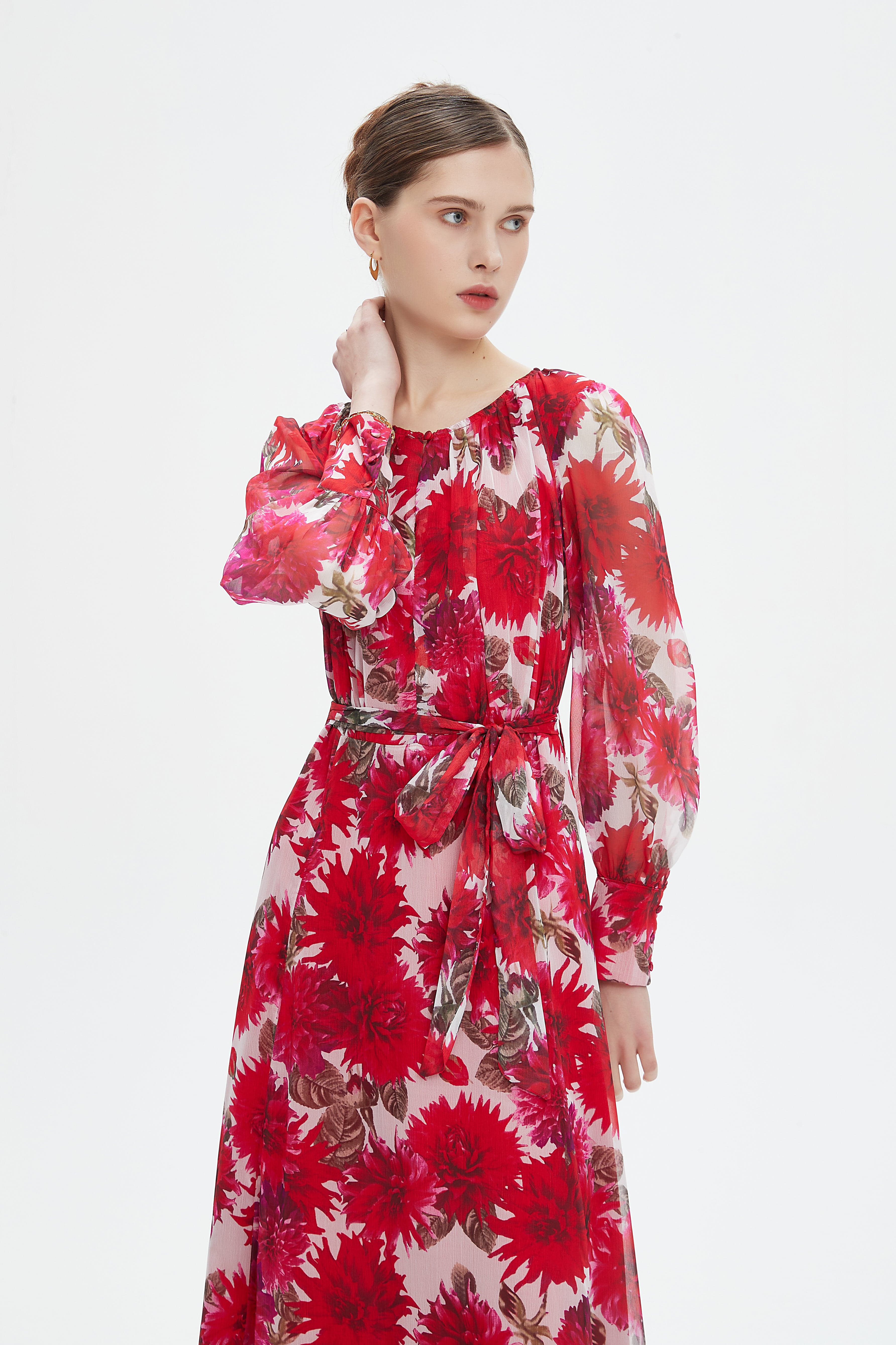 نتشي فستان ماكسي بأكمام طويلة مزين بورود كبيرة نسائي