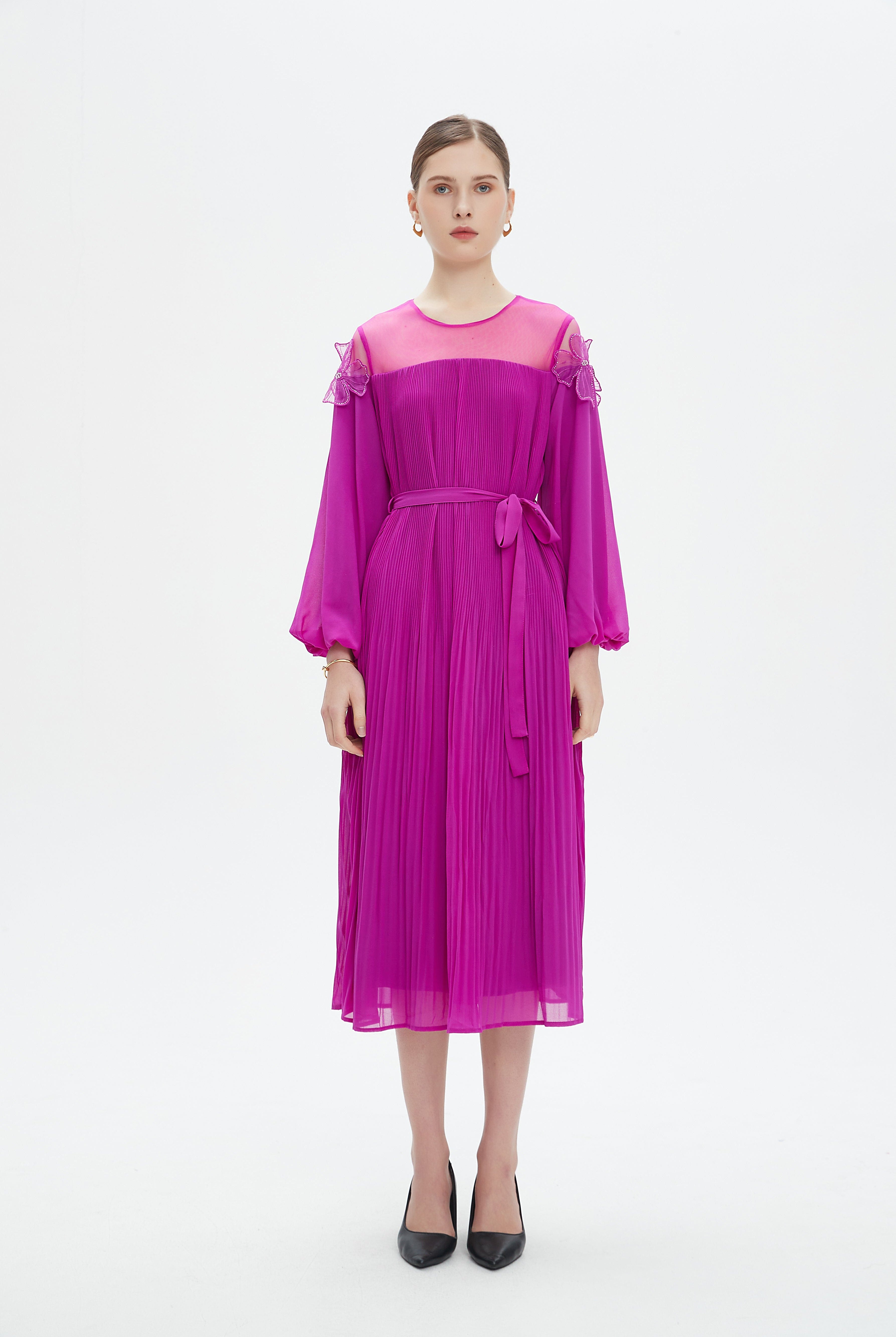 نتشي فستان ميدي بأكمام طويلة بكسرات ضيقة نسائي