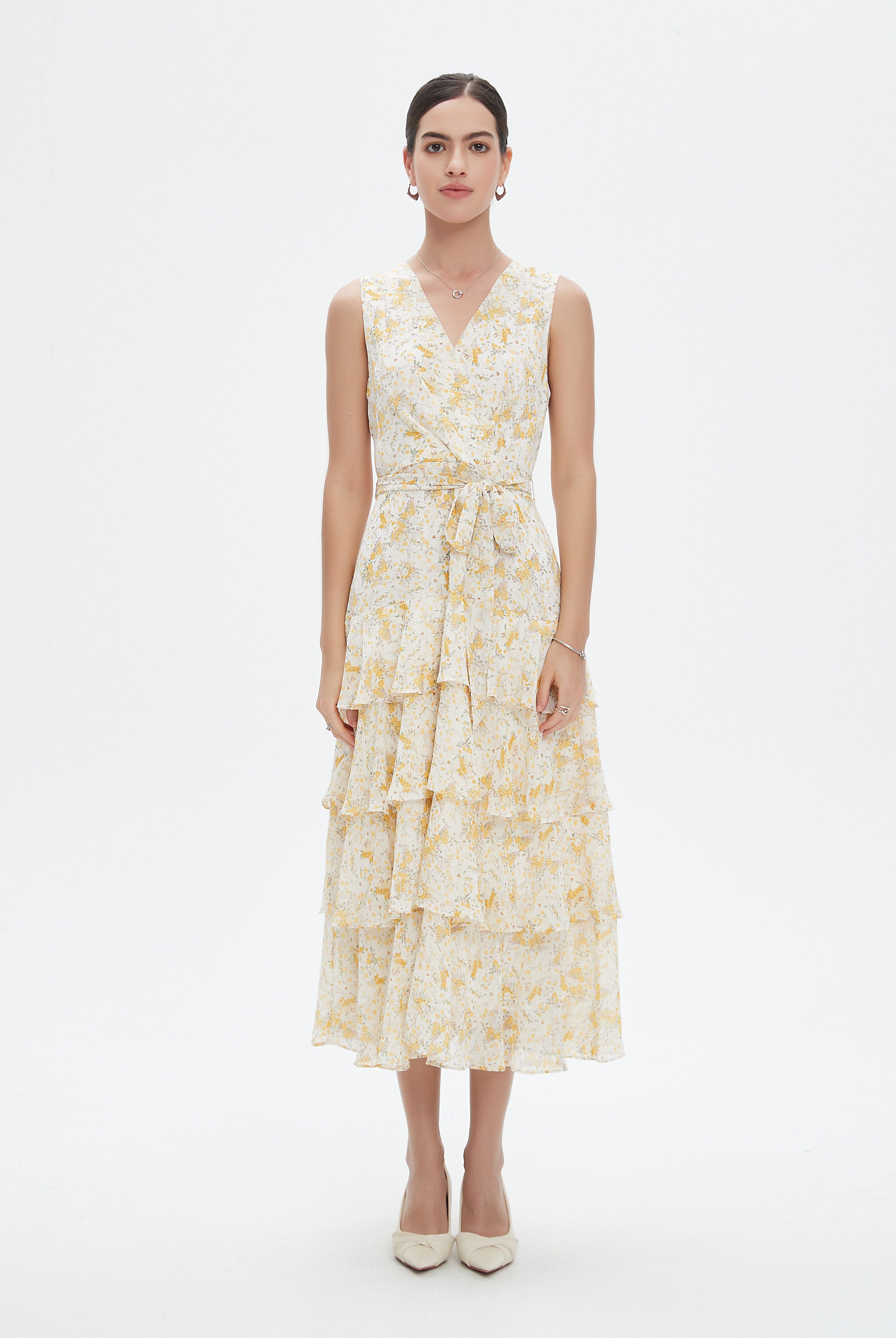 نتشي فستان ميدي مشجر بدون أكمام بفتحة صدر سبعة