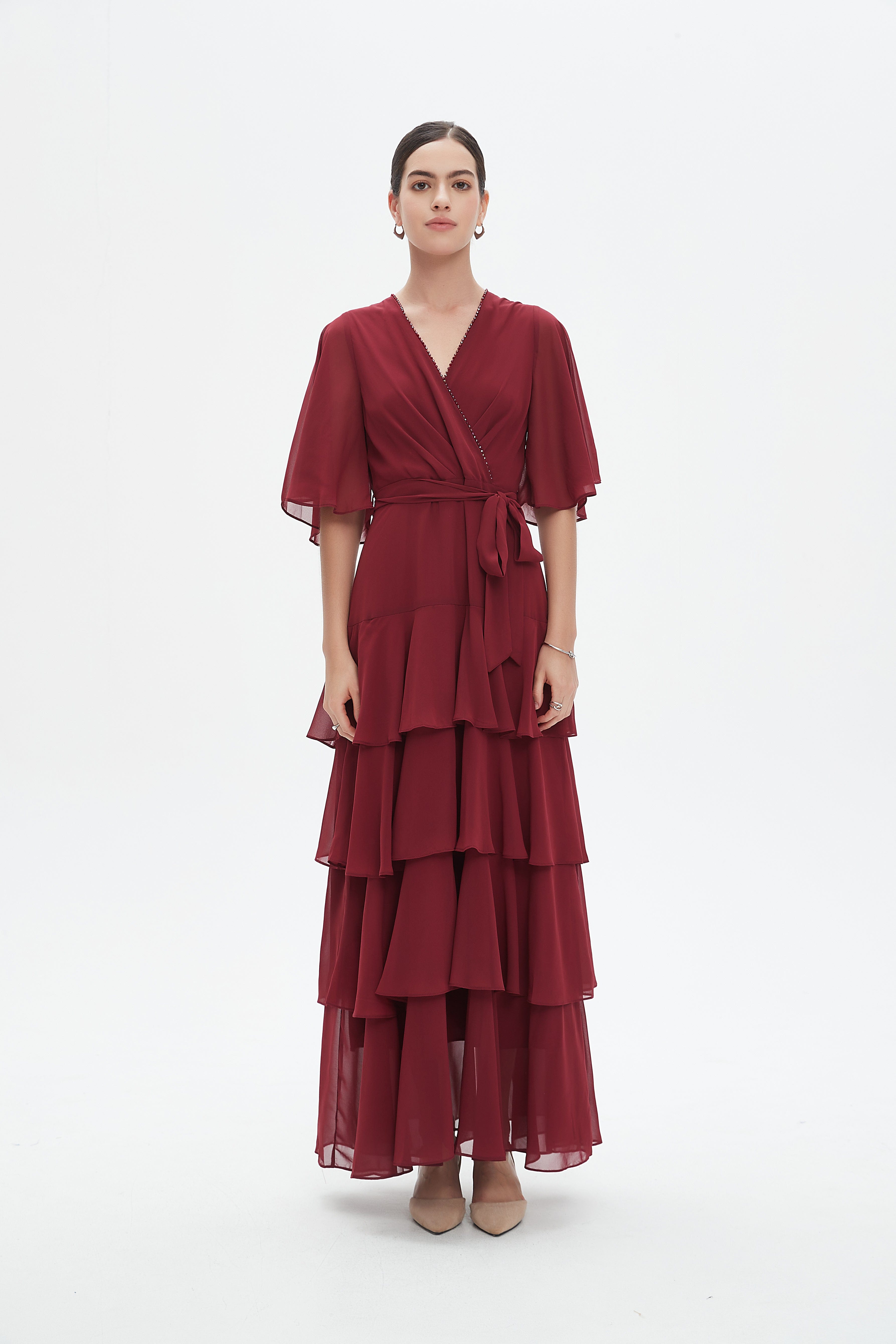 نتشي فستان ماكسي بأكمام فراشة سادة بكسرات نسائي