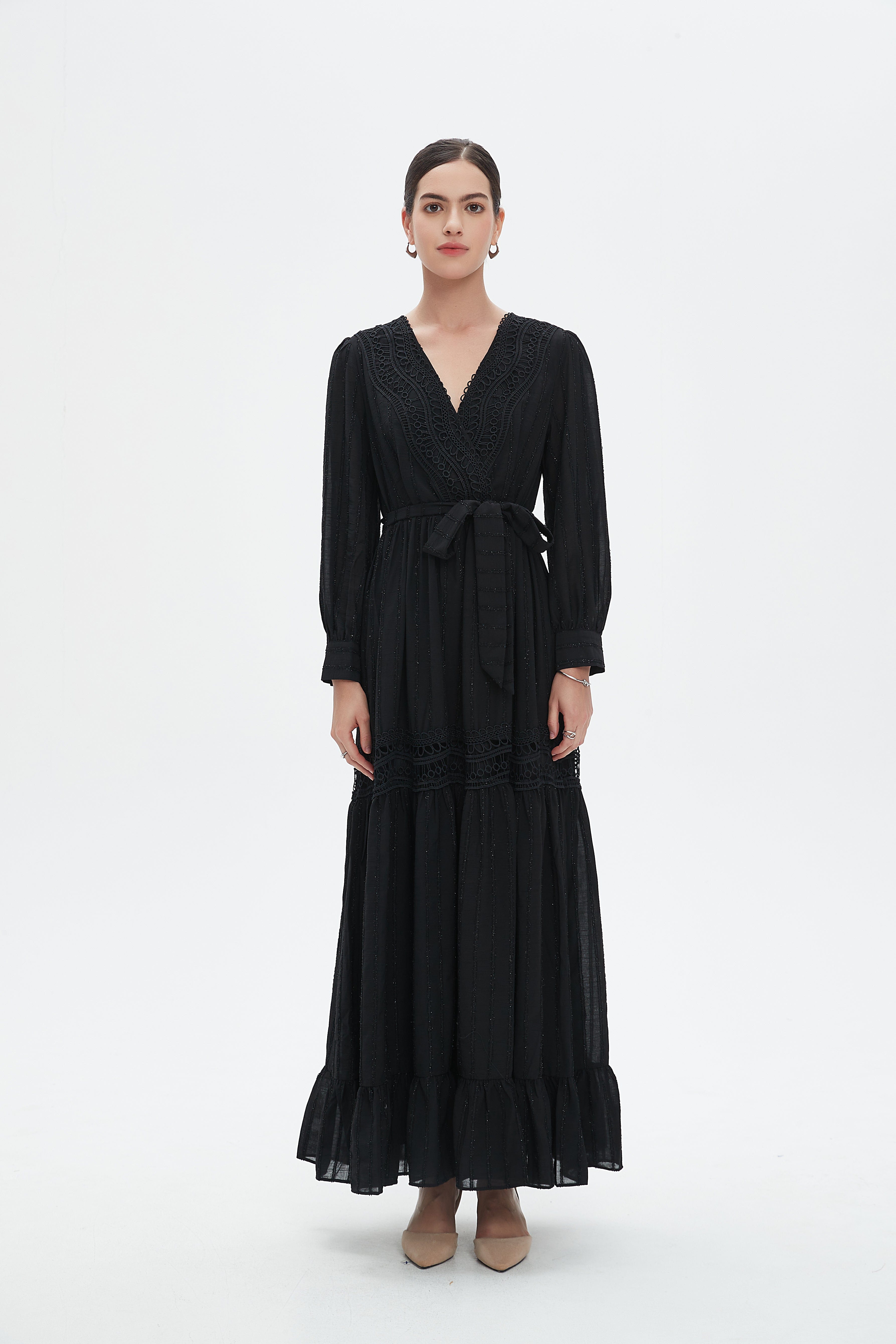 نتشي فستان ماكسي بأكمام طويلة برباط على الخصر نسائي