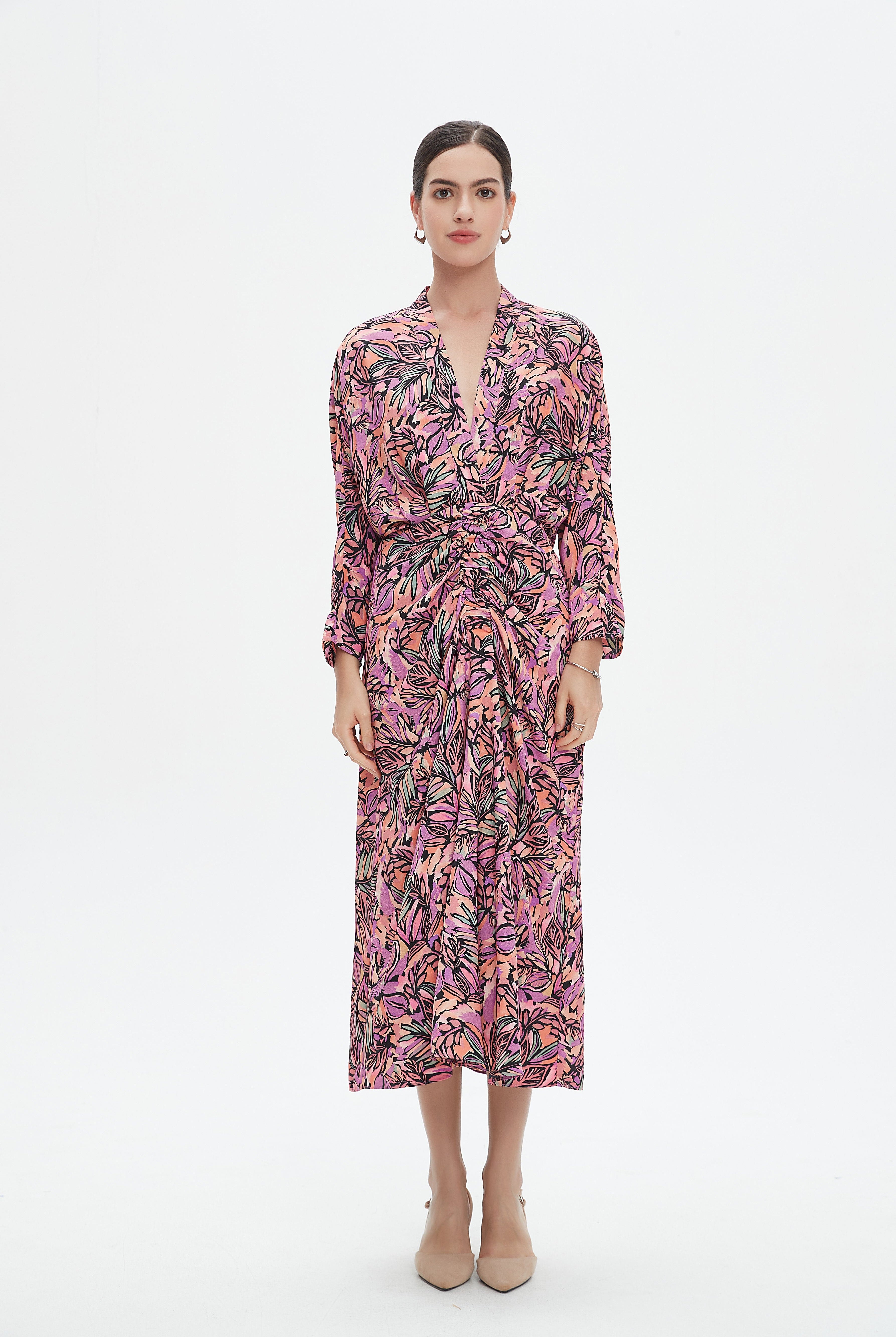 نتشي فستان ميدي بأكمام طويلة بفتحة سبعة مخصر نسائي