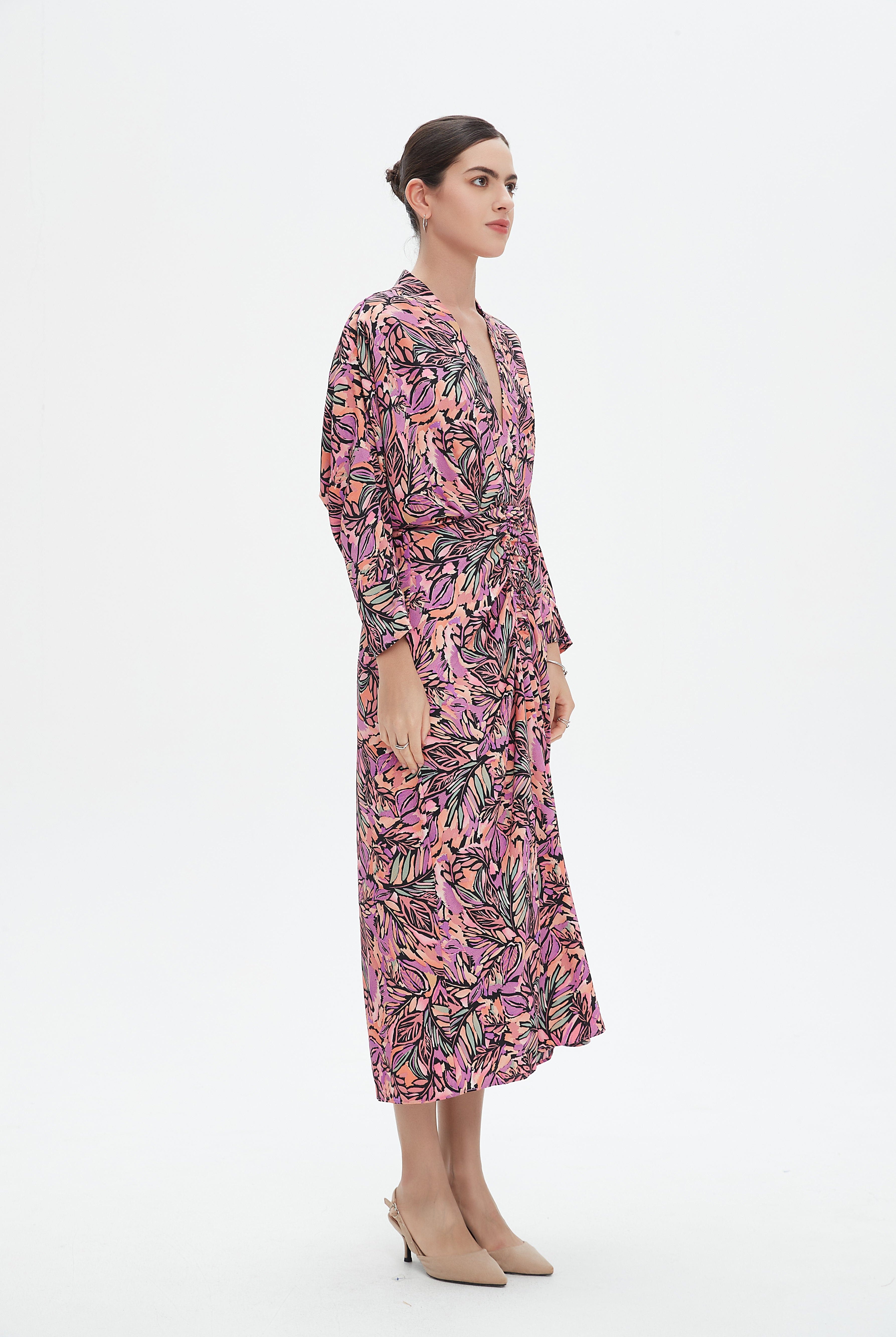 نتشي فستان ميدي بأكمام طويلة بفتحة سبعة مخصر نسائي