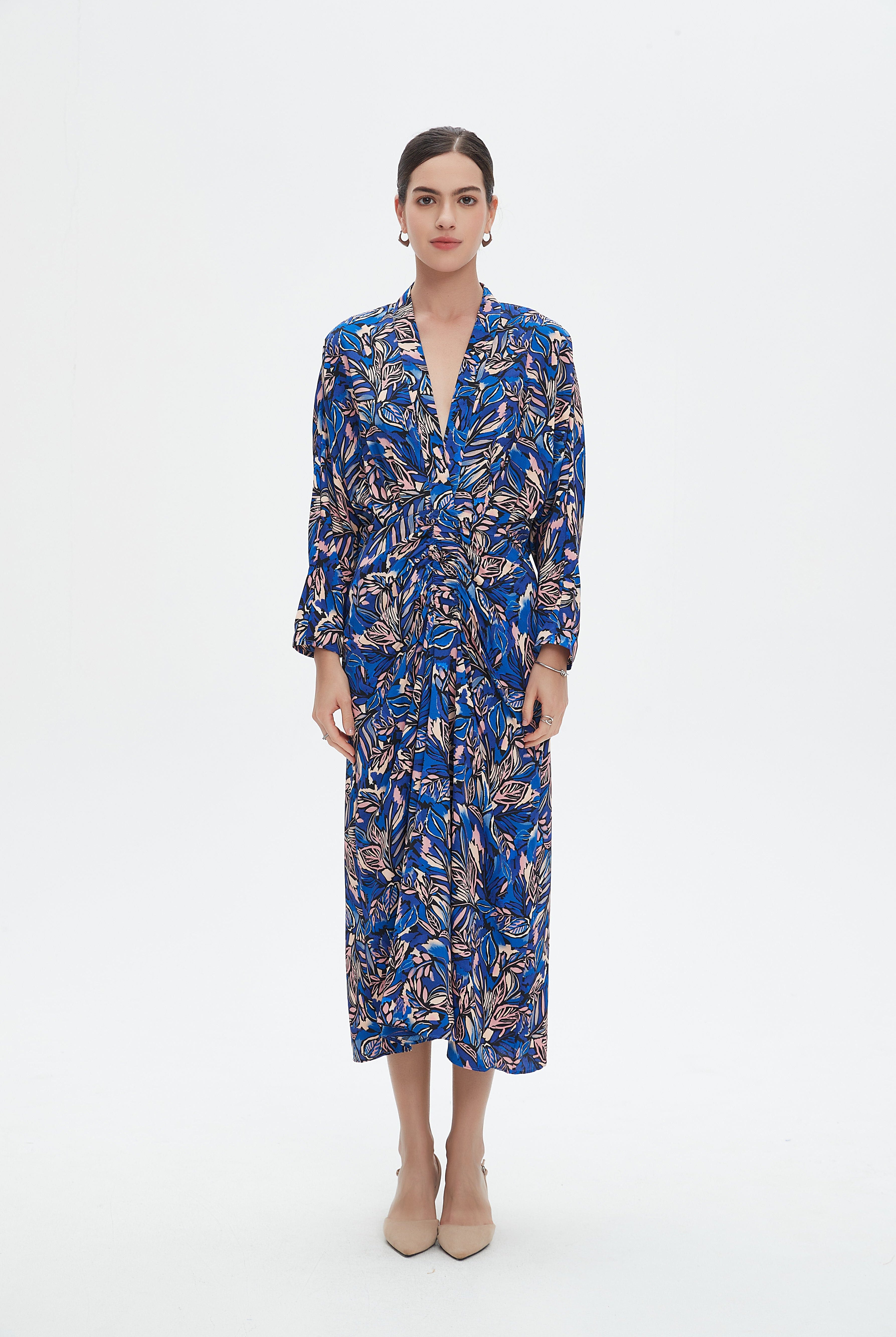 نتشي فستان ميدي بأكمام طويلة بفتحة سبعة مخصر نسائي