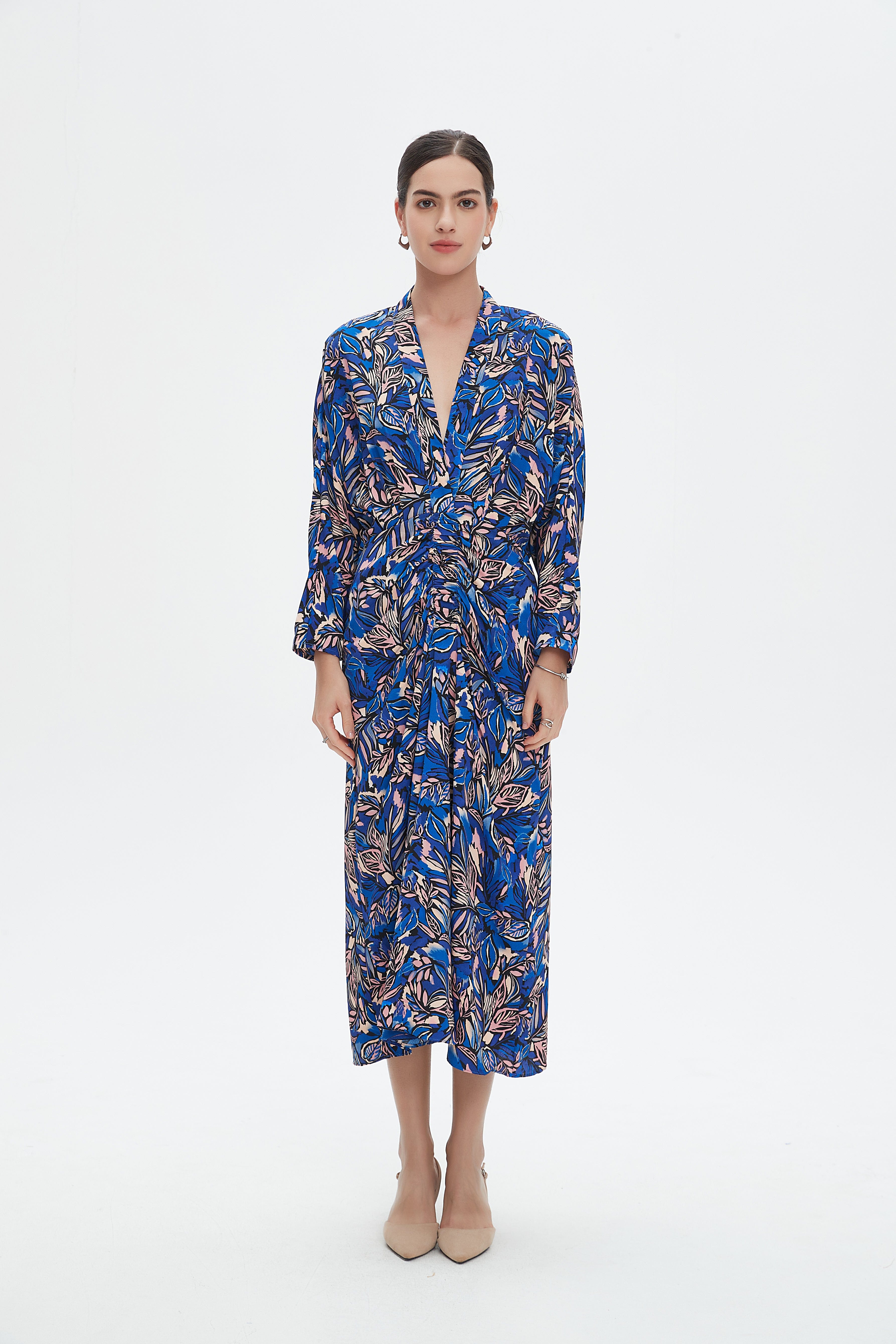 نتشي فستان ميدي بأكمام طويلة بفتحة سبعة مخصر نسائي